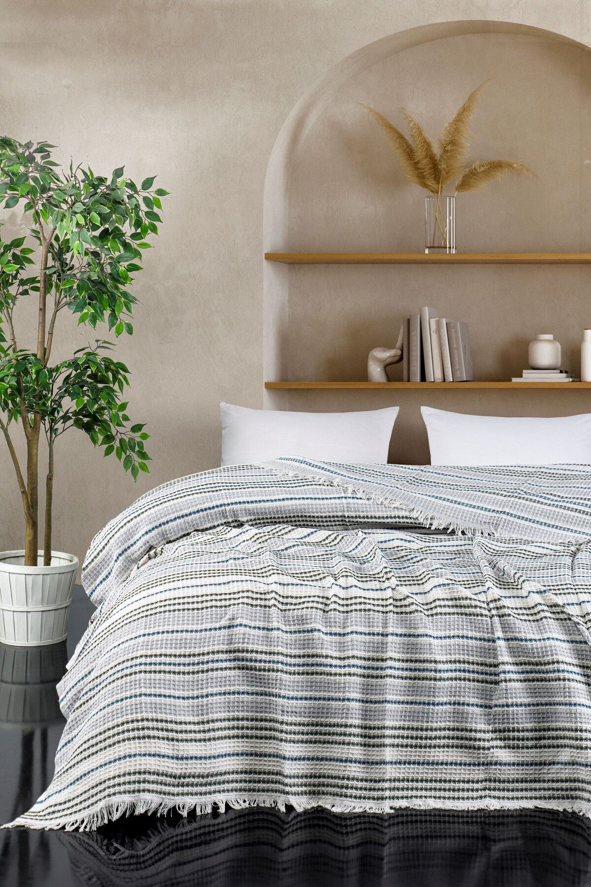 Rebeka Home Collection Ekose Güneş Gri - Haki - İndigo 170x210 Tek Kişilik Pike