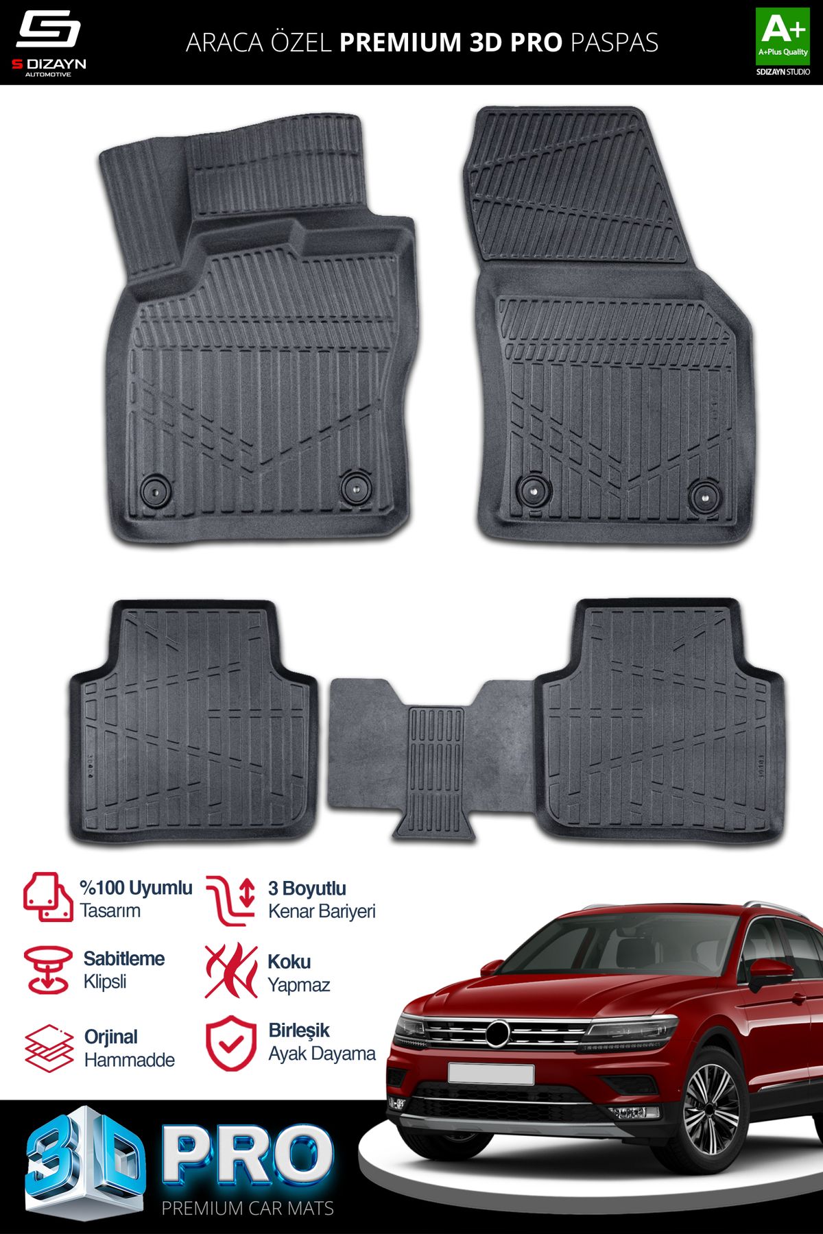 Life Tuning S-Dizayn VW Tiguan Allspace 3D Pro Havuzlu Paspas 2016-2024 A+ Kalite