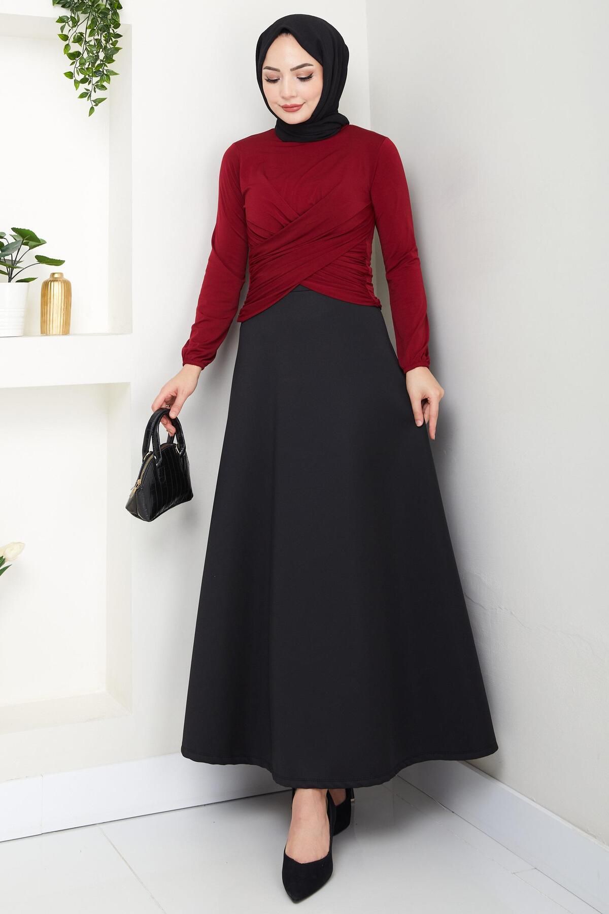 hafsamina Bisiklet Yaka Büzgülü Sandy Bluz Bordo HM2765