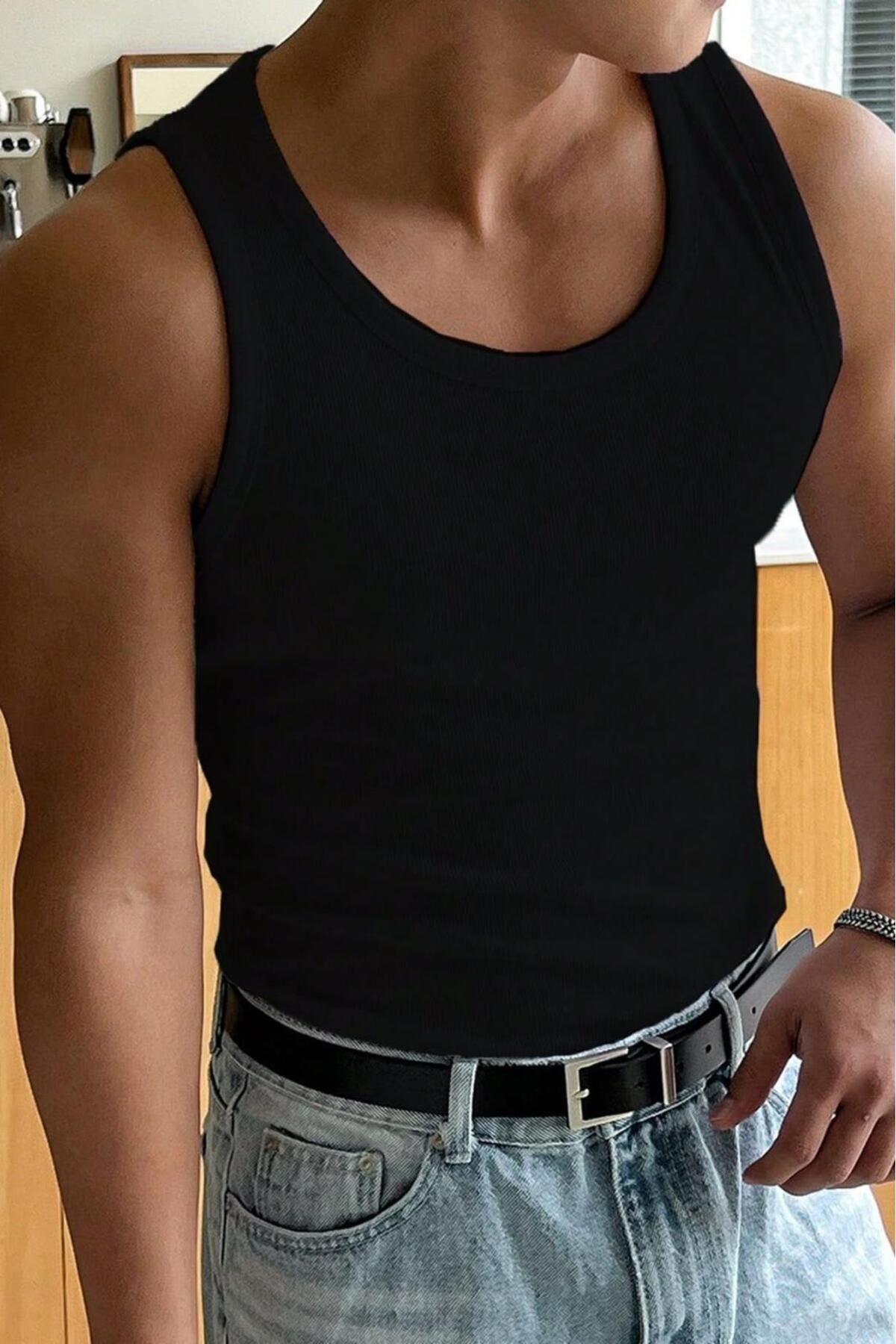 NO 601 Erkek Siyah Slimfit Kaşkorse Top Atlet