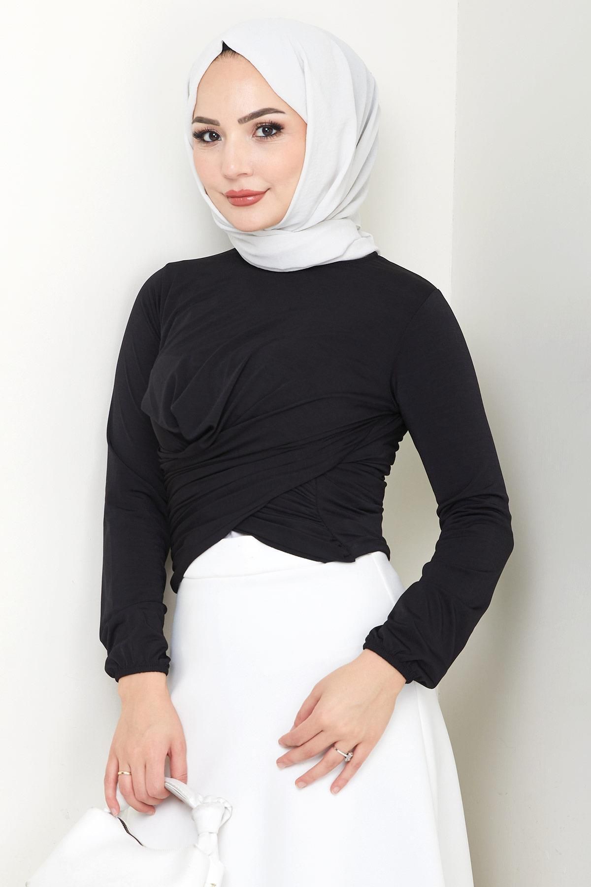 hafsamina Bisiklet Yaka Büzgülü Sandy Bluz Siyah HM2765