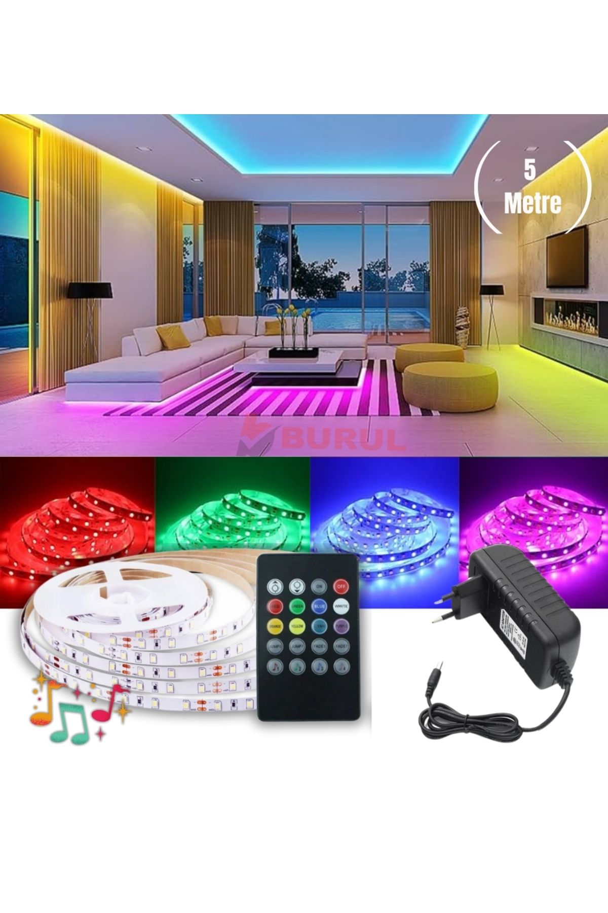 burul SB-6546 5 Metre 8 Renk Kumandalı Sese Duyarlı Renk Değiştiren RGB Şerit Led Işık Seti