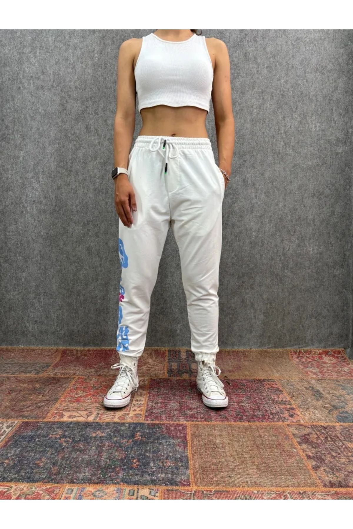 FıttingRoom Bel ve Paça Lastikli Baskılı Beyaz Jogger