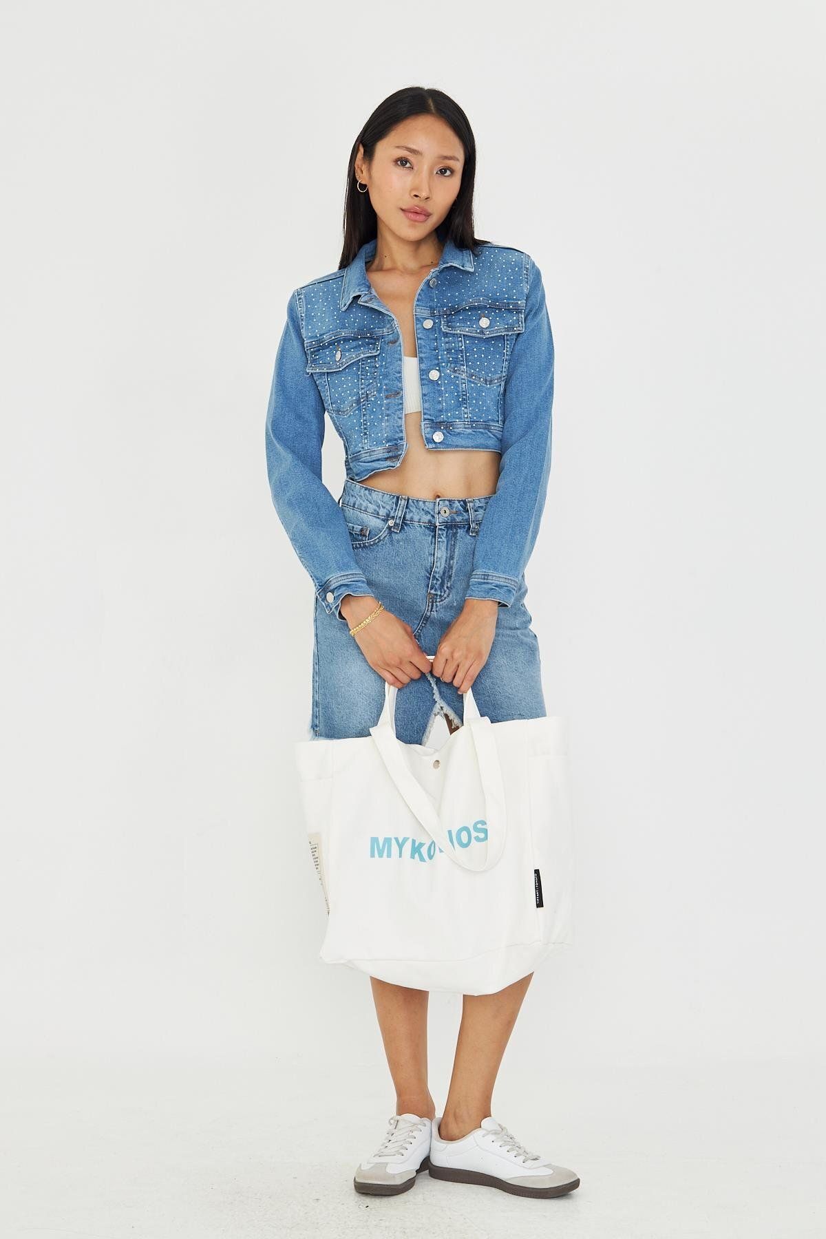 TIFFANY&TOMATO Taş İşlemeli Crop Denim Ceket