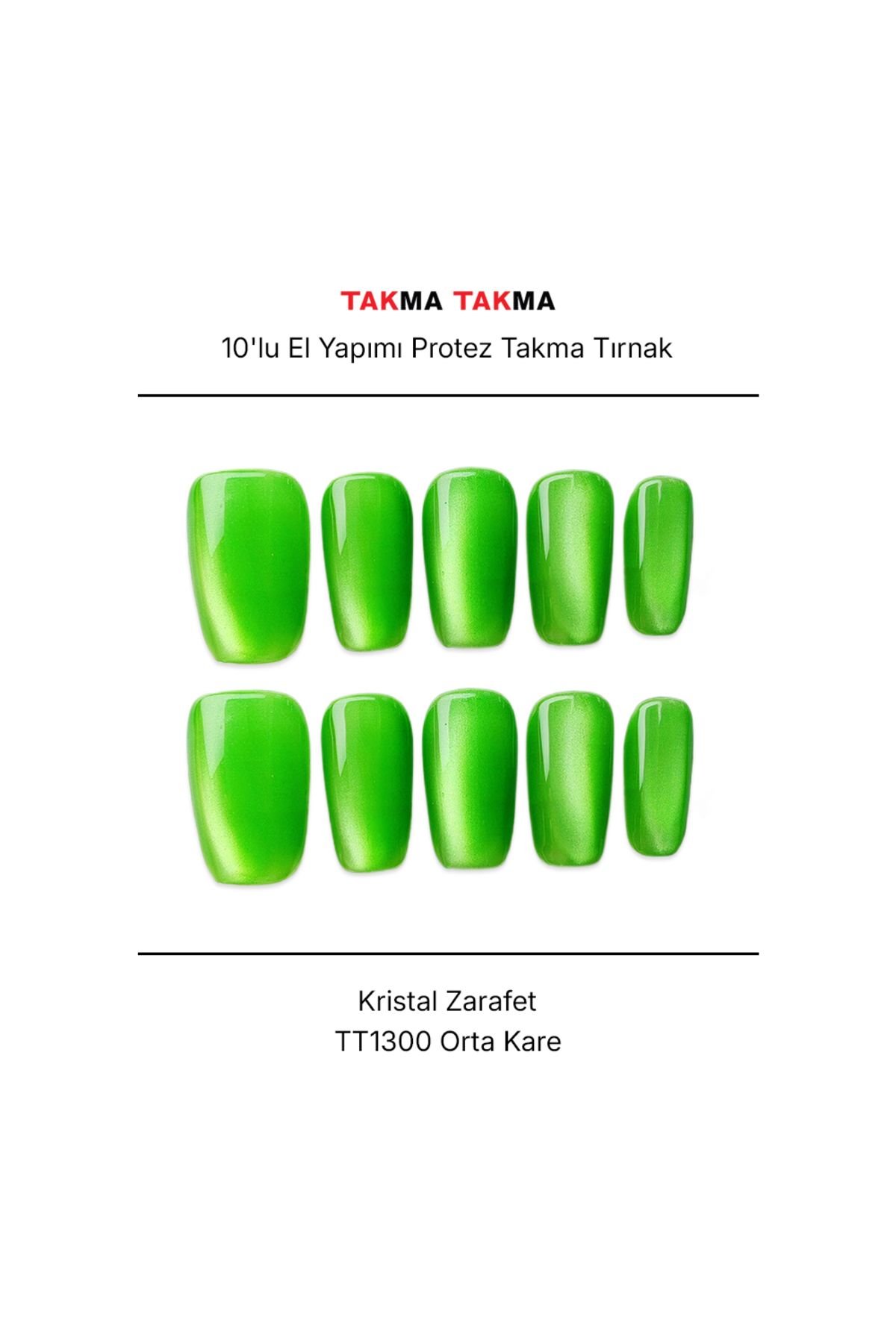 Takma Takma Tekrar Kullanılabilir El Yapımı Protez Takma Tırnak TT1300 - Kristal Zarafet - 10'lu L-Yeşil
