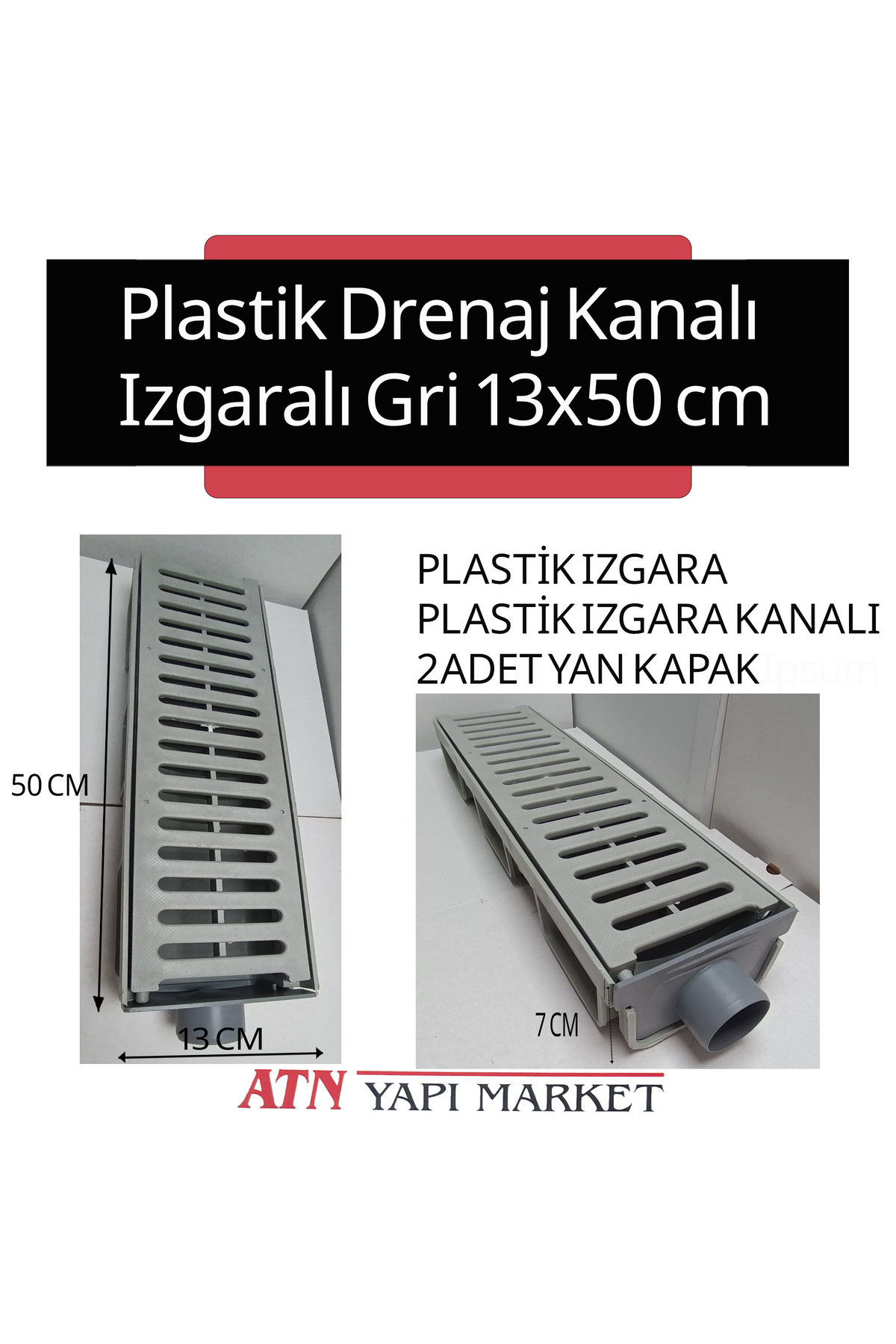 LÜXPAR Plastik Drenaj Kanalı Izgaralı Gri 13x50 cm – Yan Çıkışlı Oluklu Su Tahliye Kanalı