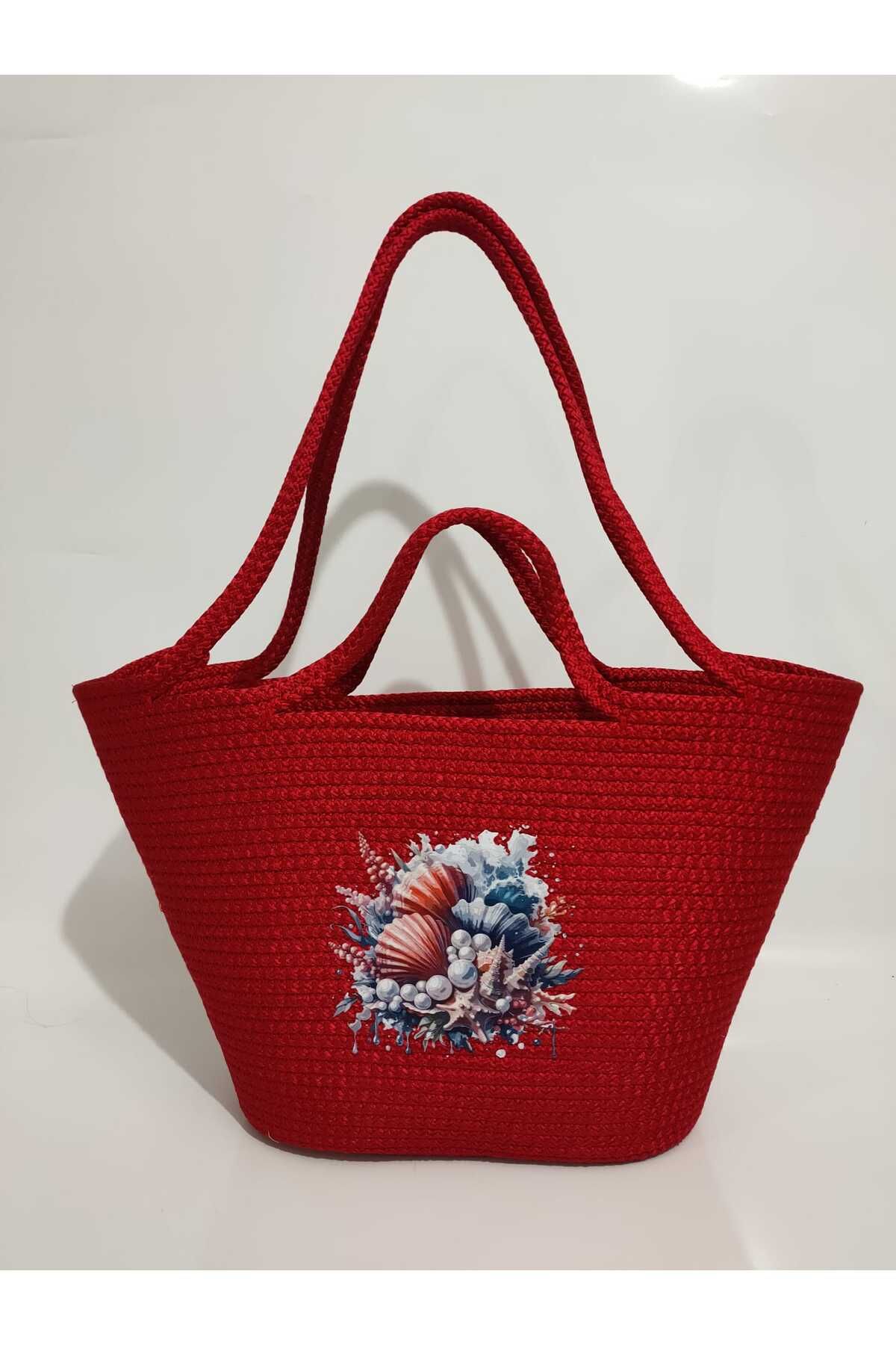 Ezo Beach Handmade Kadın Omuz Çantası, Kadın Kırmızı Plaj Kol Çantası, Tasarım Baskılı Hediyelik Çanta