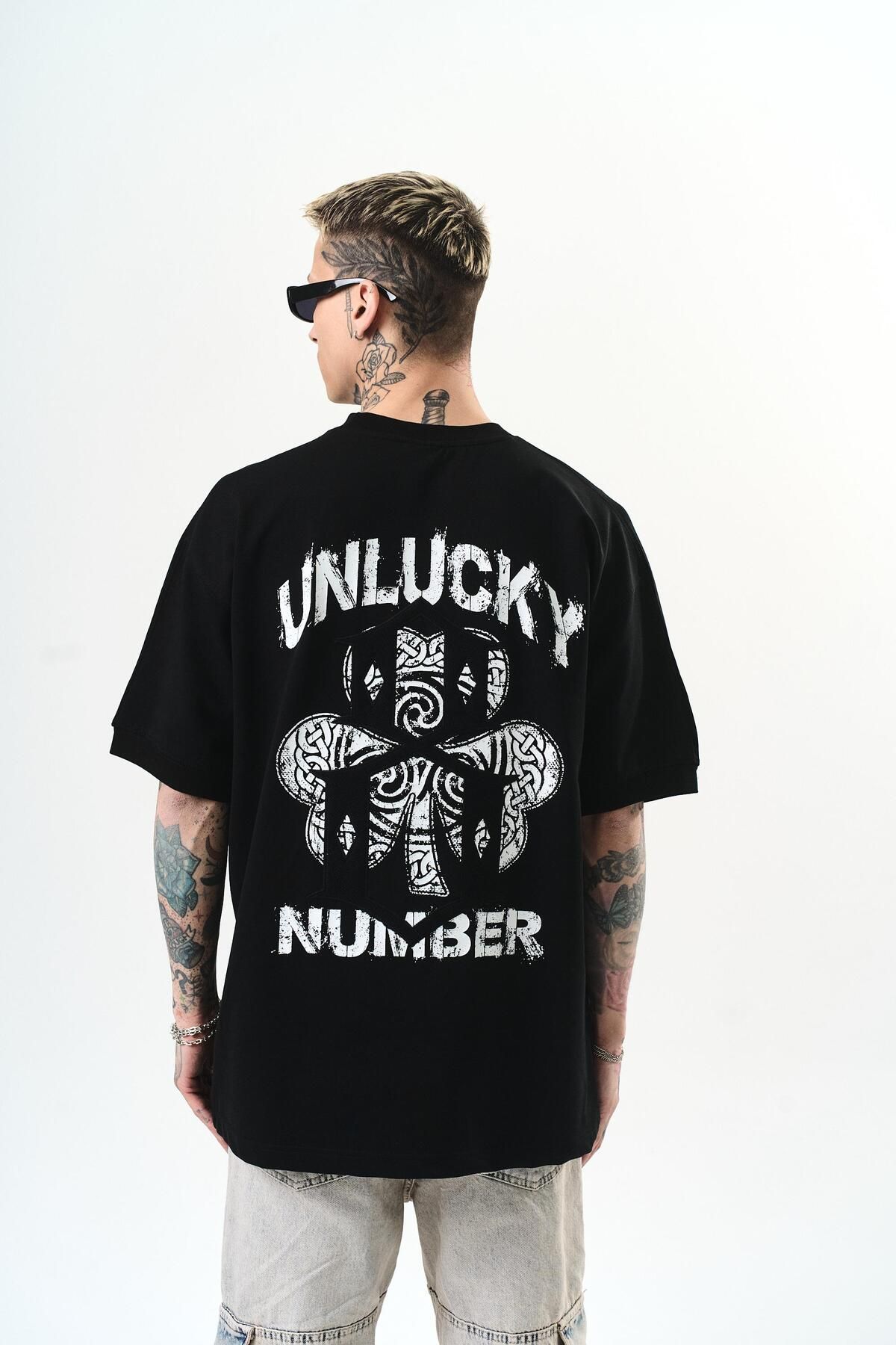 Respire Erkek Unlucky Baskılı Oversize T-Shirt Siyah