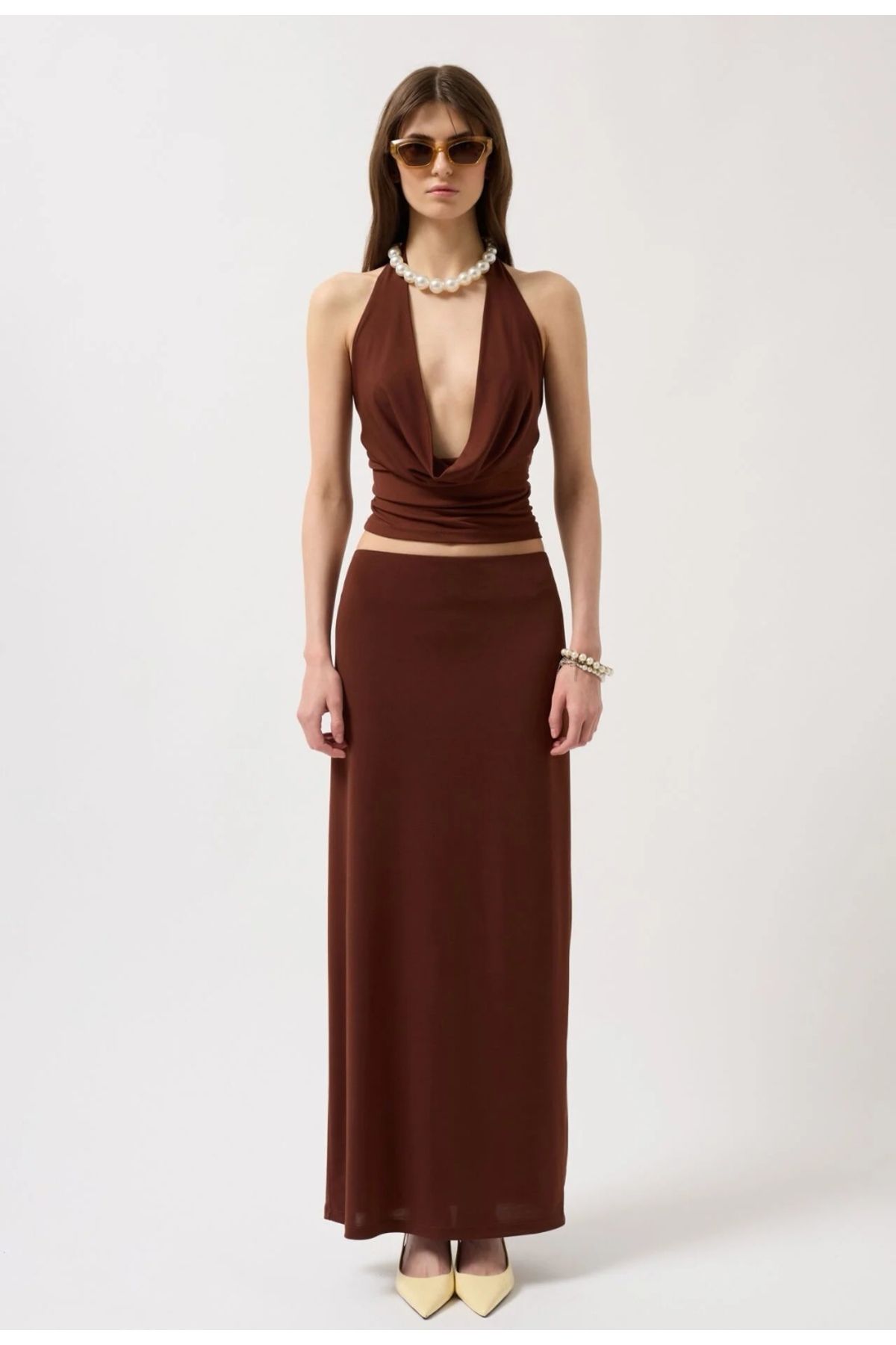 MODA Degaje Yaka Bluz Kalem Midi Etek Takım
