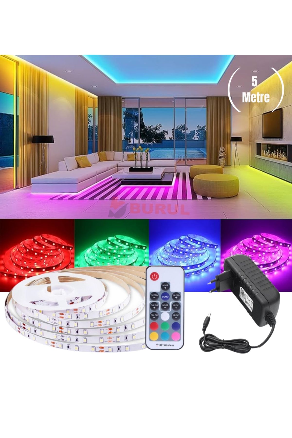 burul SB-6545 5 Metre 20 Renk RF Kumandalı Renk Değiştiren RGB Şerit Led Işık Seti