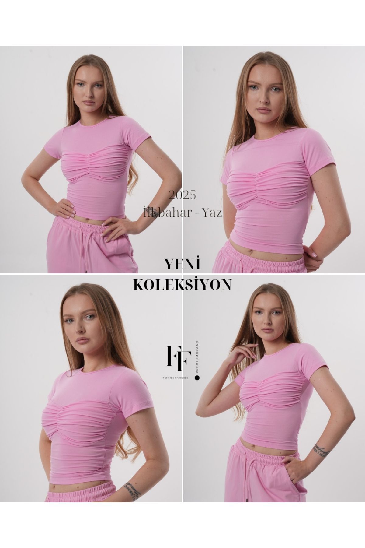 femmes fraiches Femmes F20 Pembe Büzgü Detay Tshirt