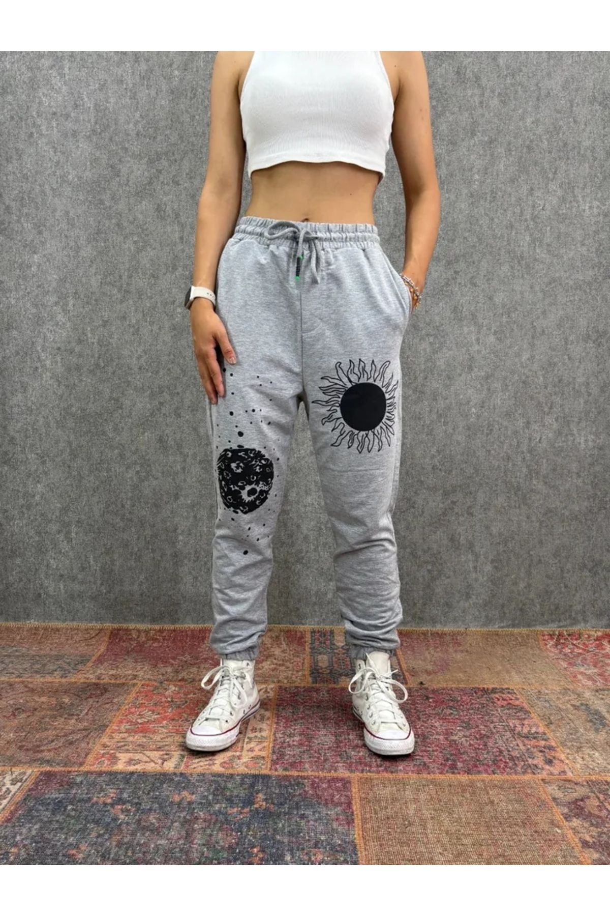 FıttingRoom Bel ve Paça Lastikli Baskılı Gri Jogger
