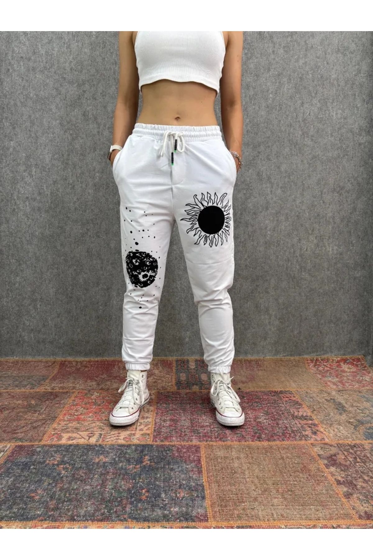 FıttingRoom Bel ve Paça Lastikli Baskılı Beyaz Jogger