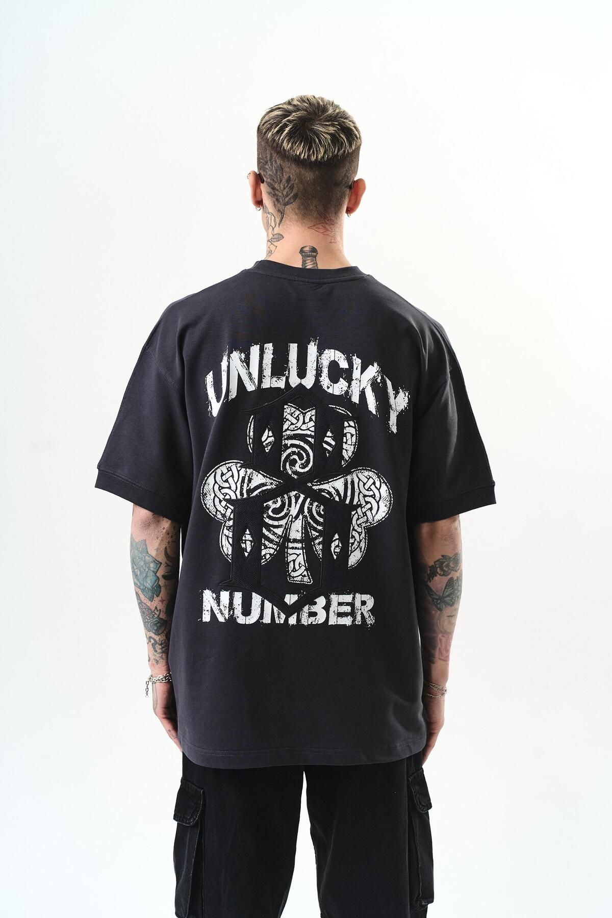 Respire Erkek Unlucky Baskılı Oversize T-Shirt Füme