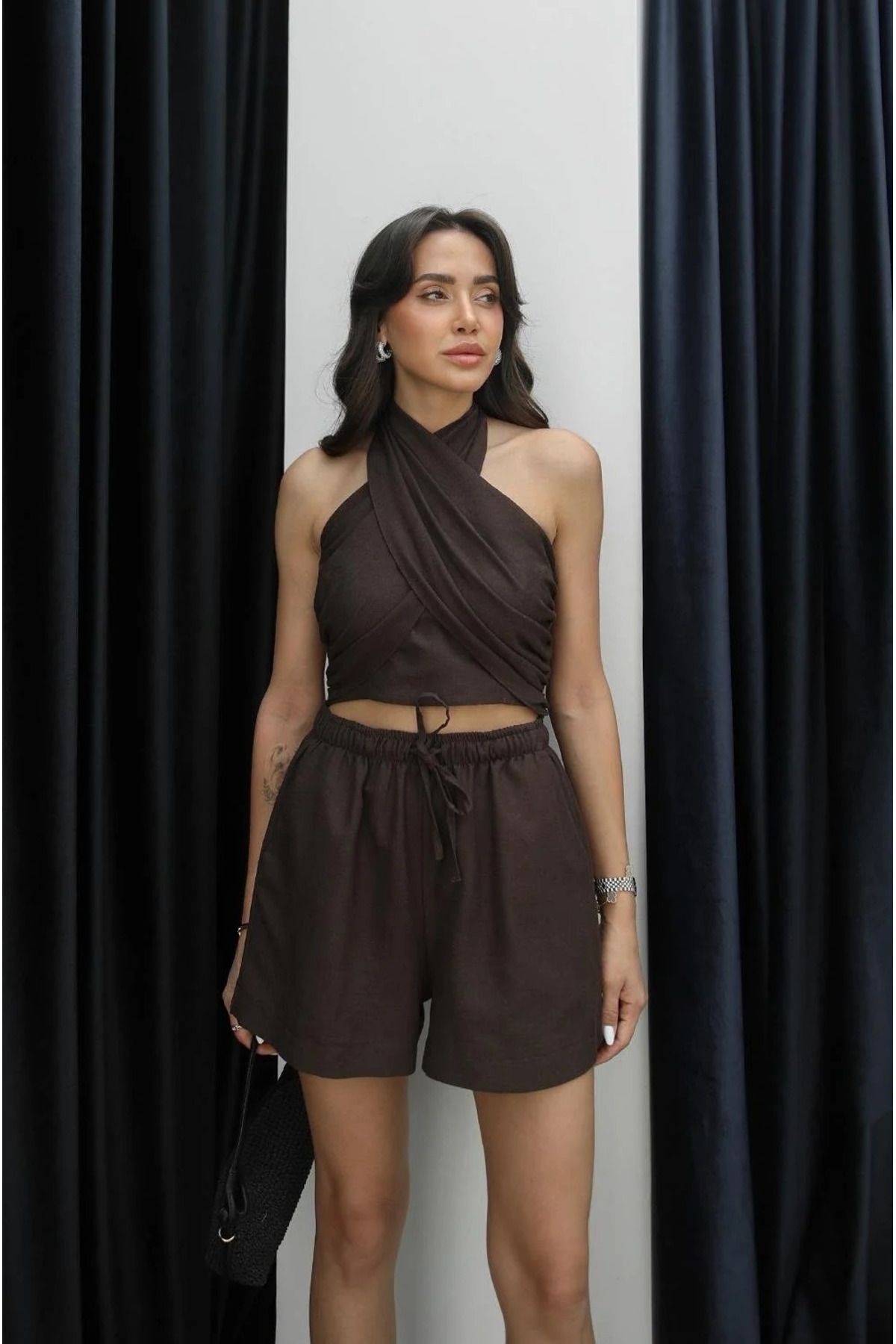 My Blog Kahverengi Martina Boyundan Bağlı Büstiyer Şortlu Takım - 30361