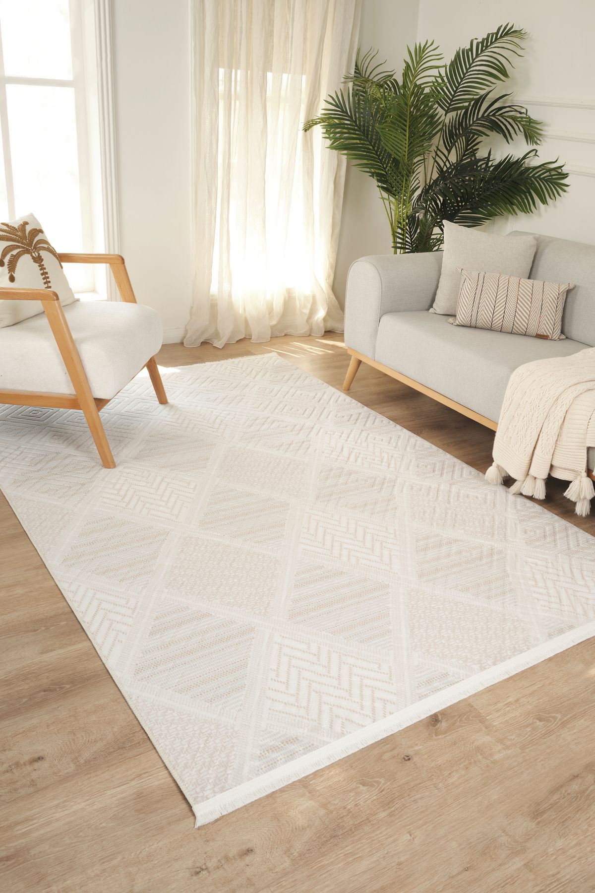 LİNOS HOME Kaylee Yıkanabilir Düz Saçak Kaymaz Tabanlı Kesme Rulo Halı Yolluk,Oturma Odası,Mutfak Krem-7033