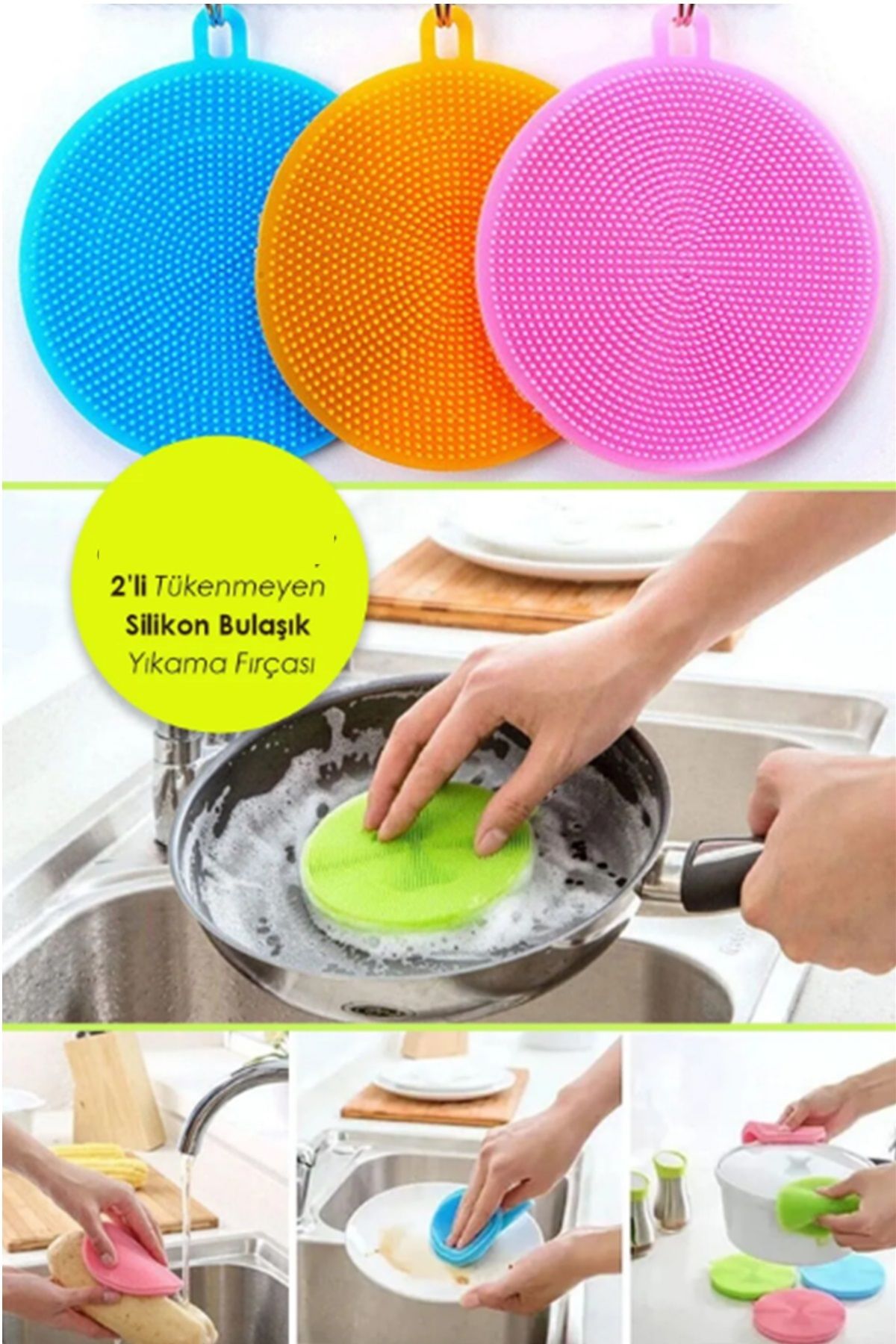 Kitchen Beauty Pratik 2'li Silikon Tükenmeyen Bulaşık Yıkama Fırçası | Bulaşık Fırçası Tava Tutucu Sebze Temizleme