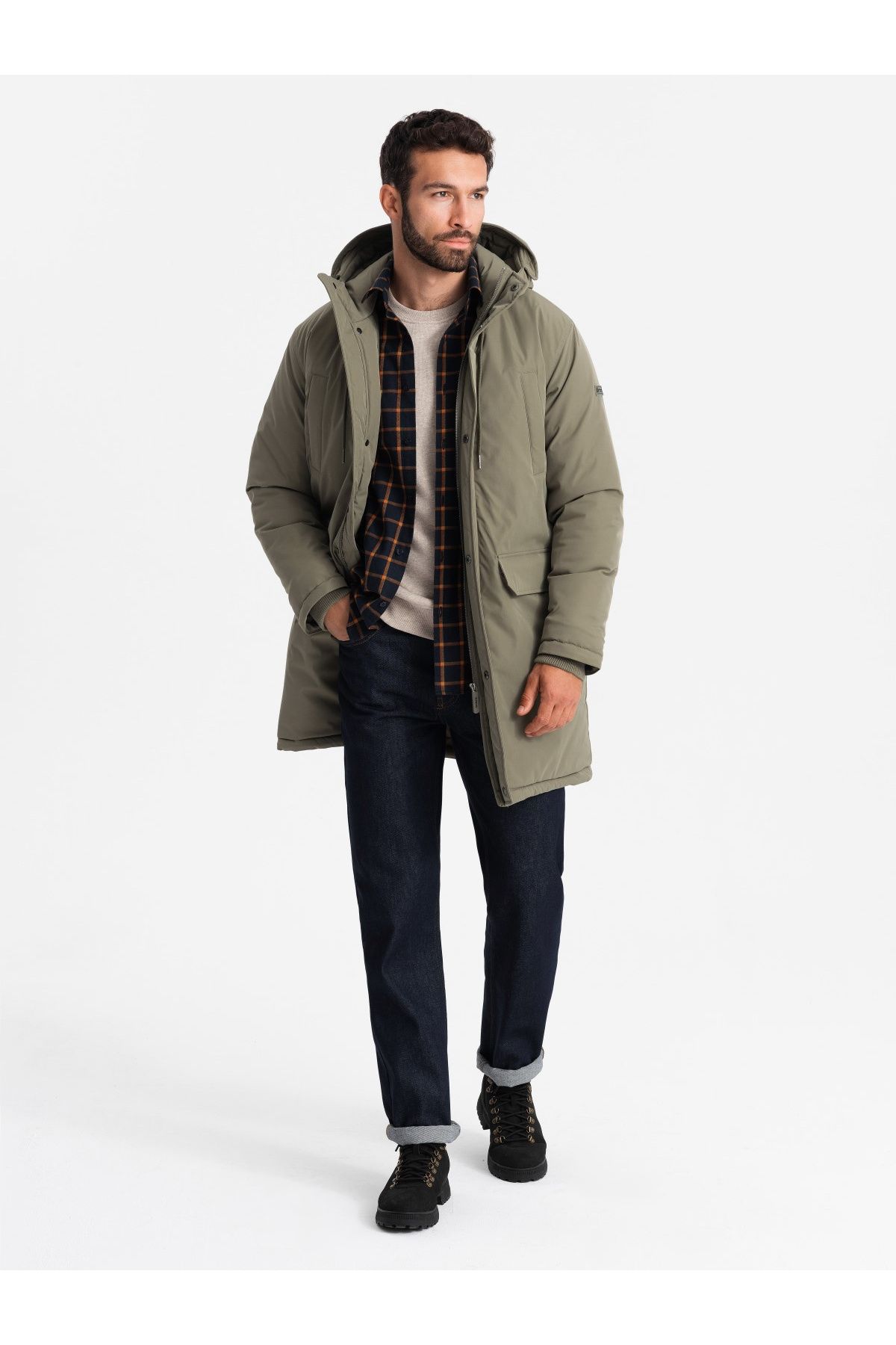 OMBRE-Klassische lange Herrenparkajacke - oliv V3 OM-JALJ-0166 L 4