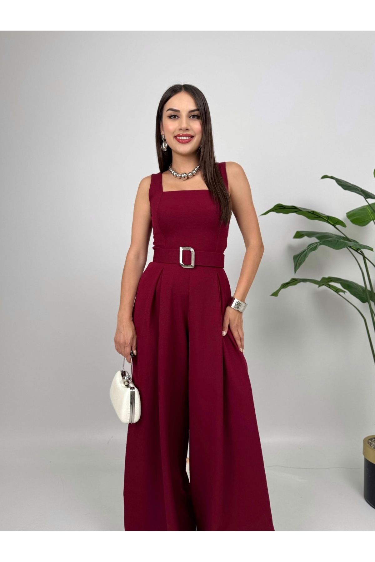 Afiş Butik Bordo Kalın Askılı Kemerli Tulum