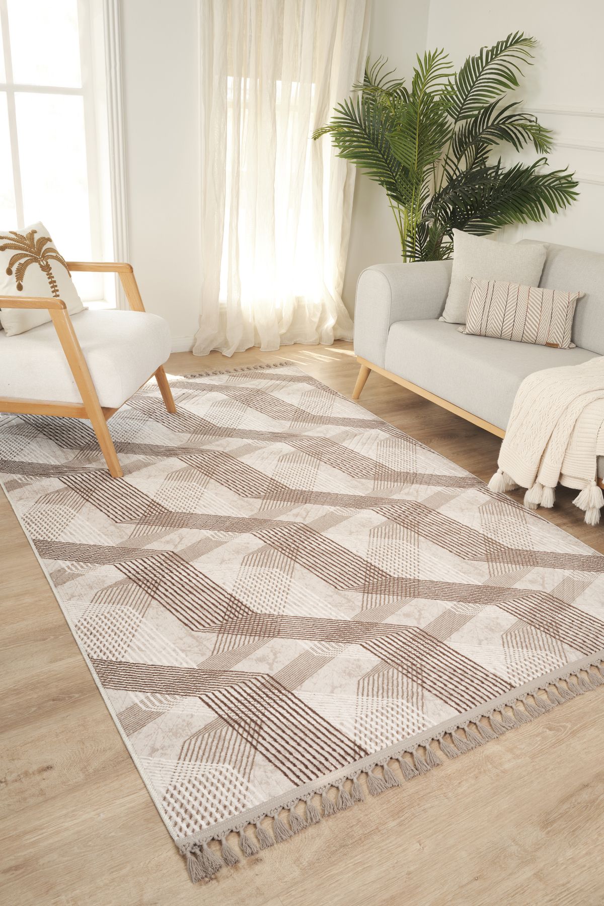 LİNOS HOME Kaylee Yıkanabilir Örgü Saçak Kaymaz Tabanlı Kesme Rulo Halı Yolluk,Oturma Odası,Mutfak Kahve-7027