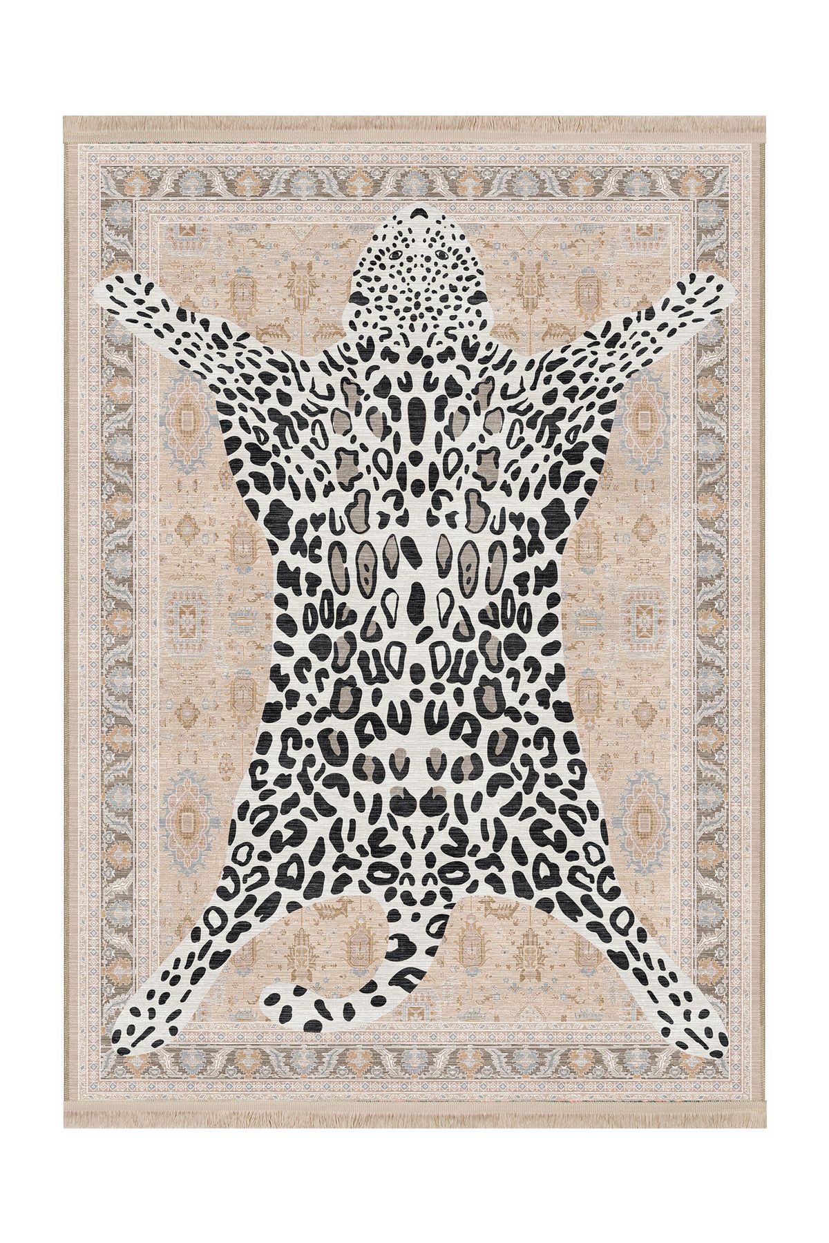 Rugs Modern Halı Mottos Koleksiyonu Bej Temalı Leopar Detaylı Dokuma Taban Dekoratif Halı mottos06