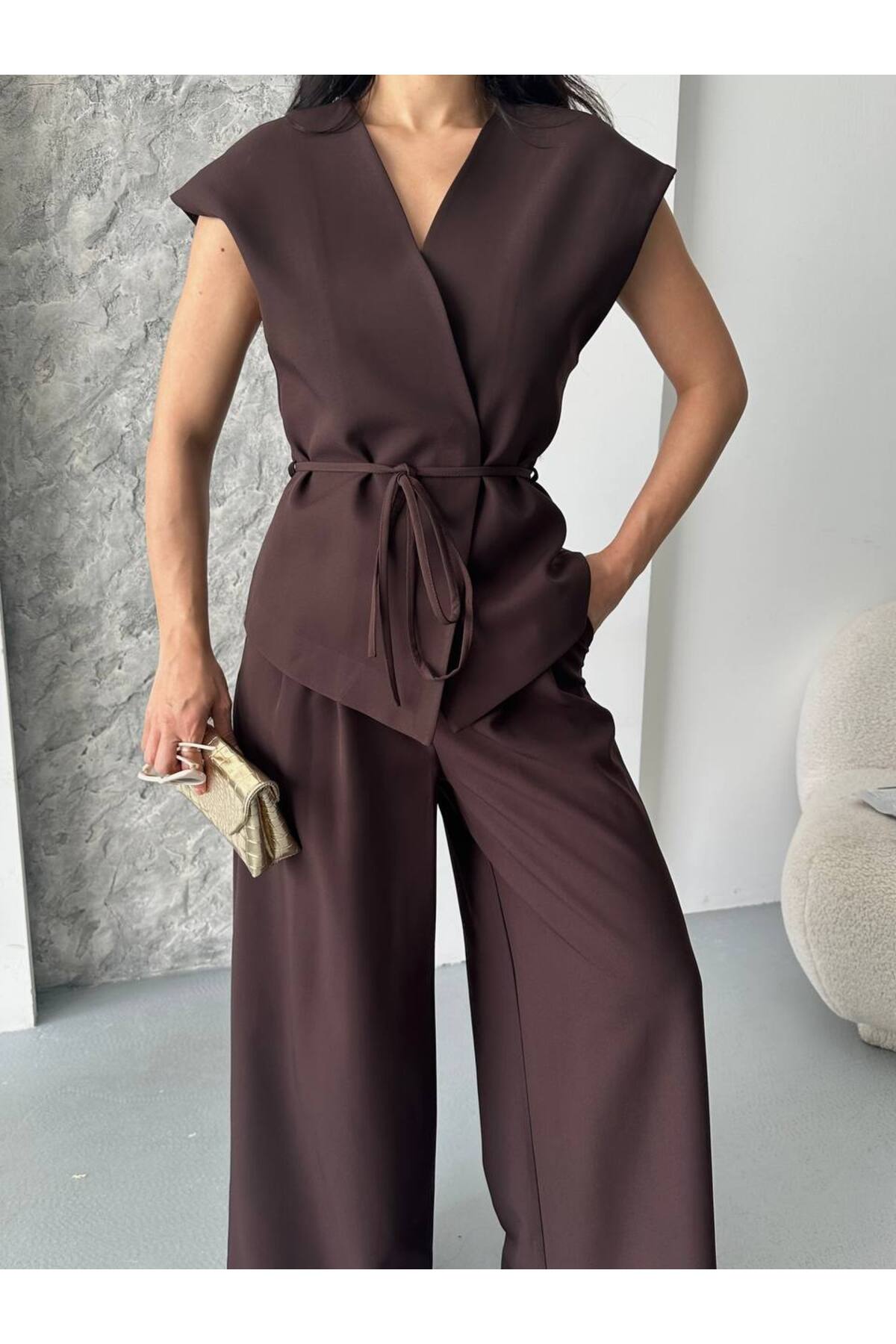 Ensemble gilet à nouer pour femme marron - Görsel 6
