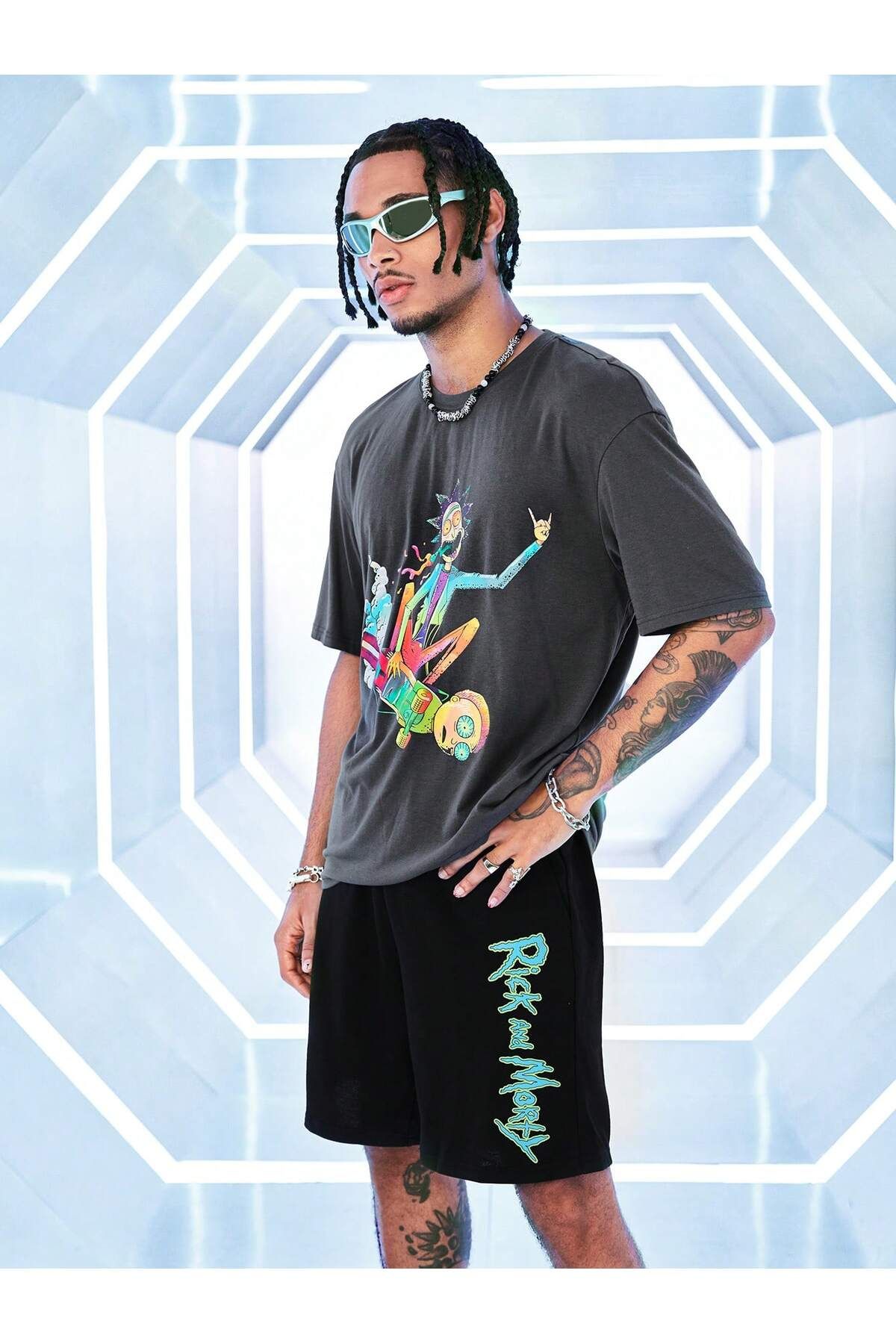 LOU MODA -ERKEK PAMUKLU BASKILI one LO VE TSHIRT-ŞORT TAKIMI 2Lİ OVERSİZE BÜYÜK BEDEN