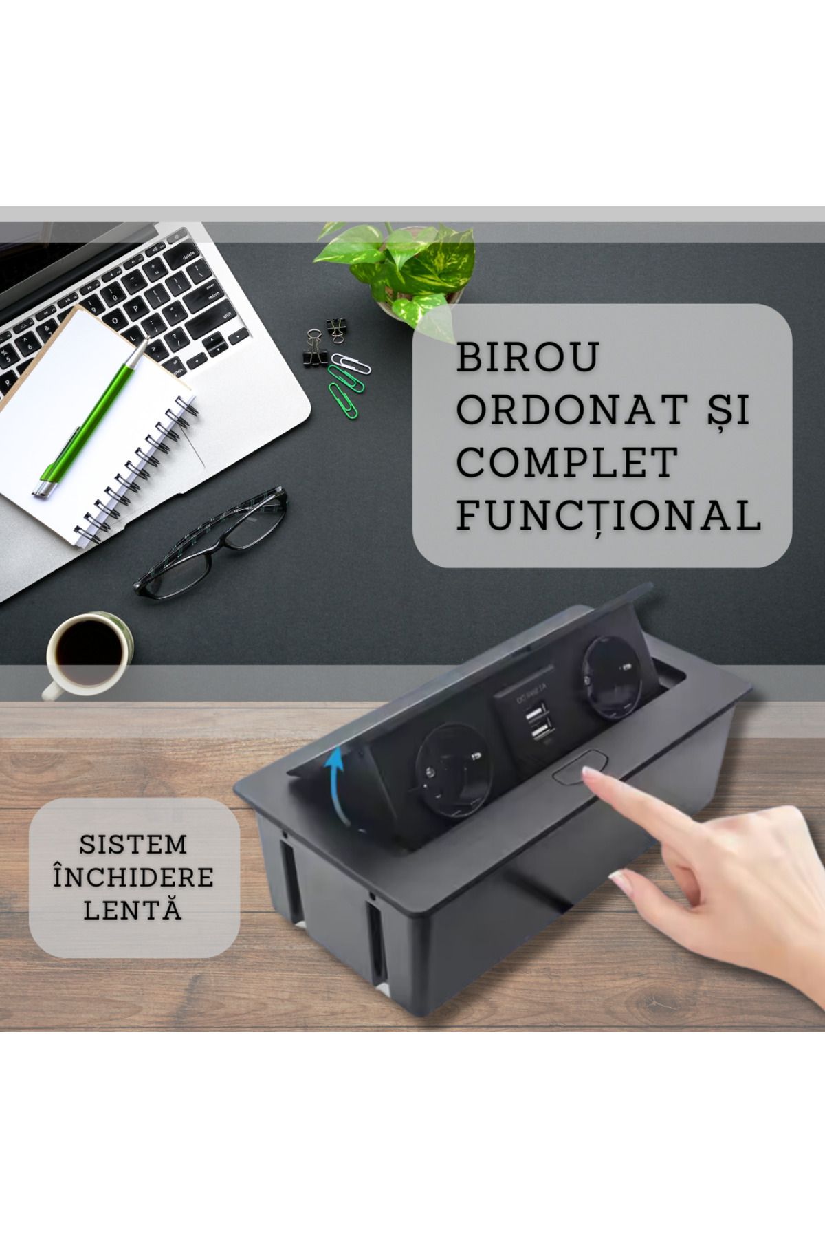 ATOMKIT-Built-in Furniture Socket, 2 EU Sockets, 2 X USB-A, Opening Button, Black 6