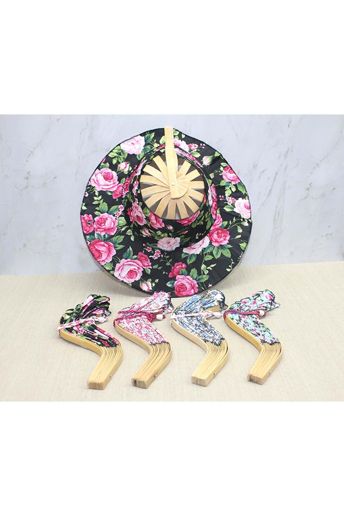 Store Çiçekli Ahşap Şapkalı Yelpaze 25 Cm