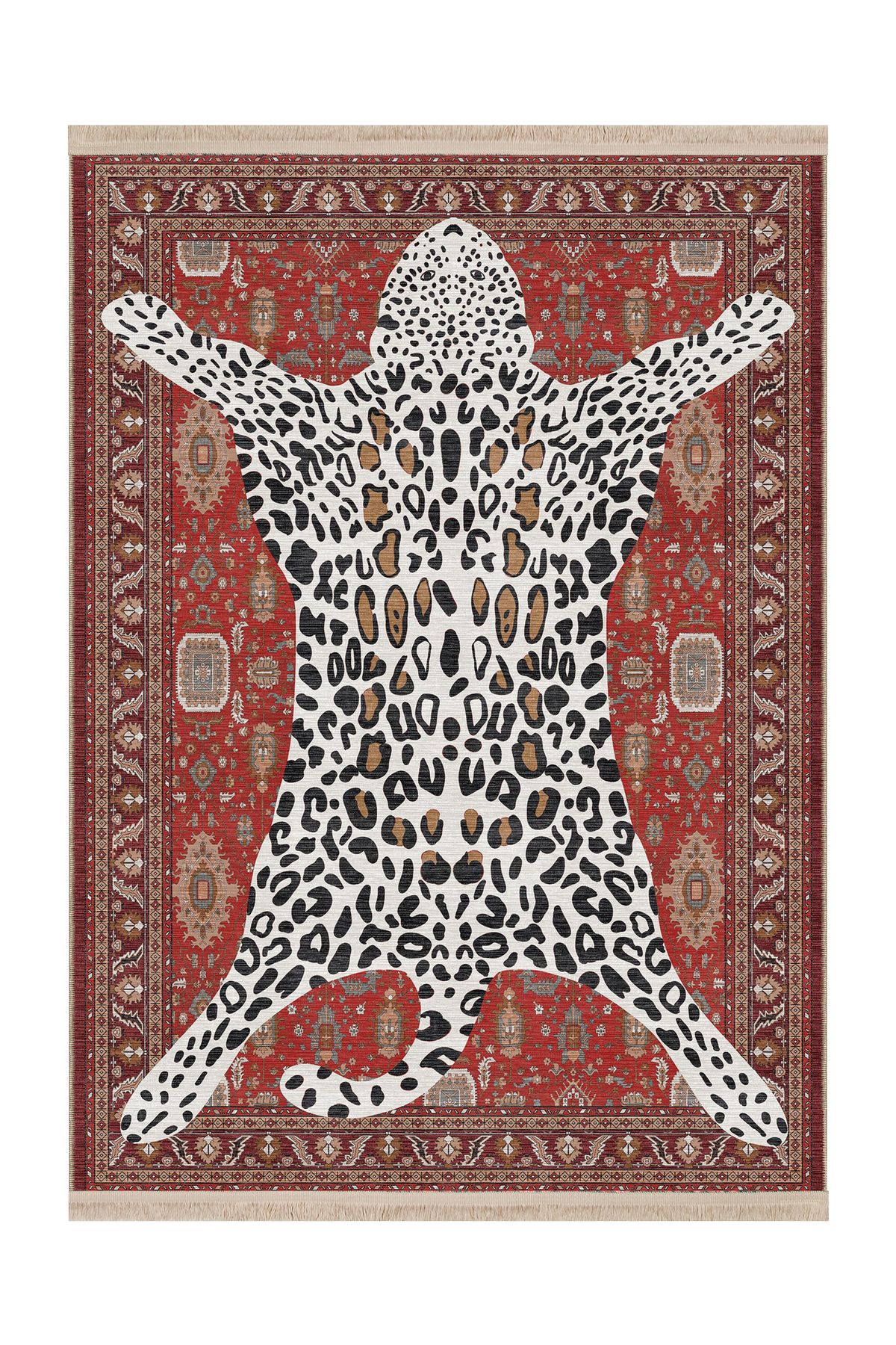 Rugs Modern Halı Mottos Koleksiyonu Kırmızı Bej Temalı Leopar Detaylı Dokuma Taban Dekoratif Halı mottos07