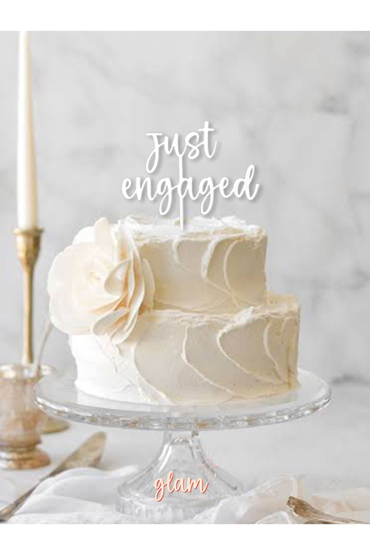 GLAM DEKORASYON Beyaz Just Engaged Tekli Büyük Minimal Modern Tarz Söz Nişan Pasta Kürdanı Kek ve Tatlı Süsleri