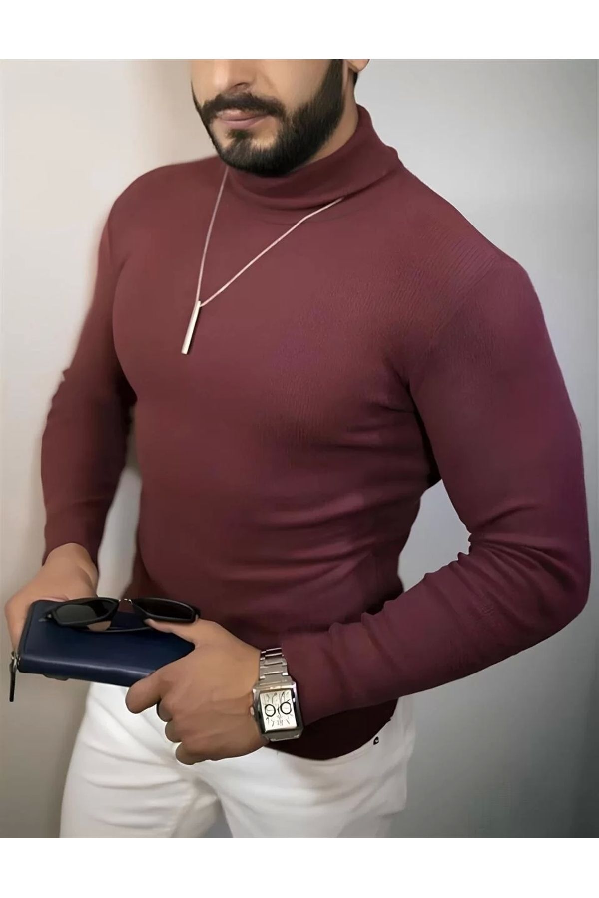 MODA CS Erkek Kaşkorse Boğazlı Full Likralı Fitilli Body Kazak - Bordo