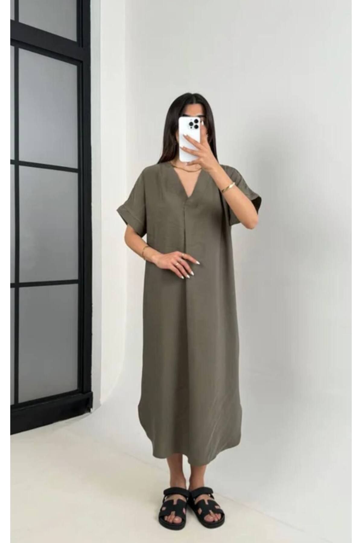 manana fashion V YAKA PREMİUM KUMAŞ TREND KISA KOL MİDİ GÜNLÜK ELBİSE
