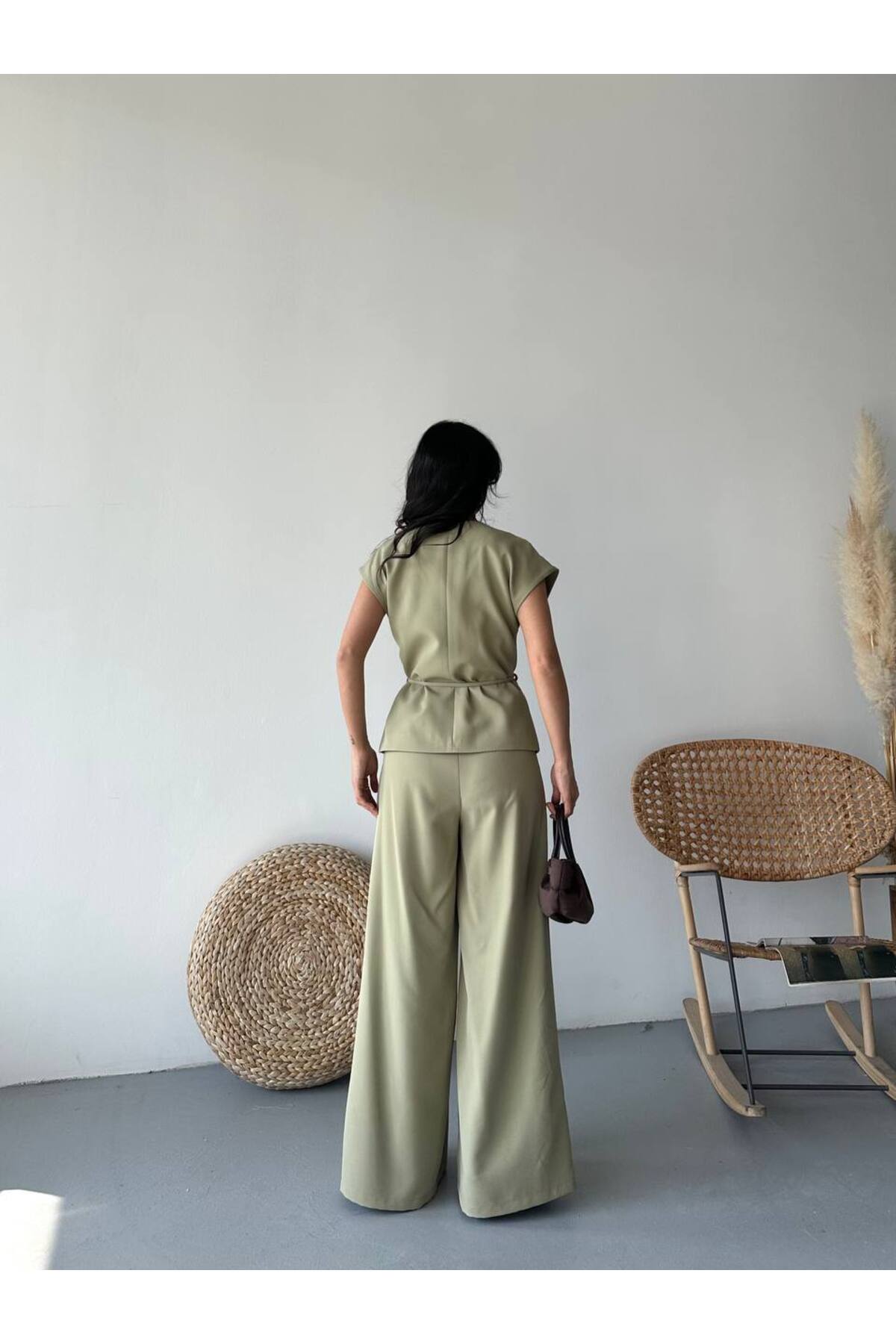 Damen-Weste-Hosen-Set mit Bindegürtel, Khaki - Görsel 6