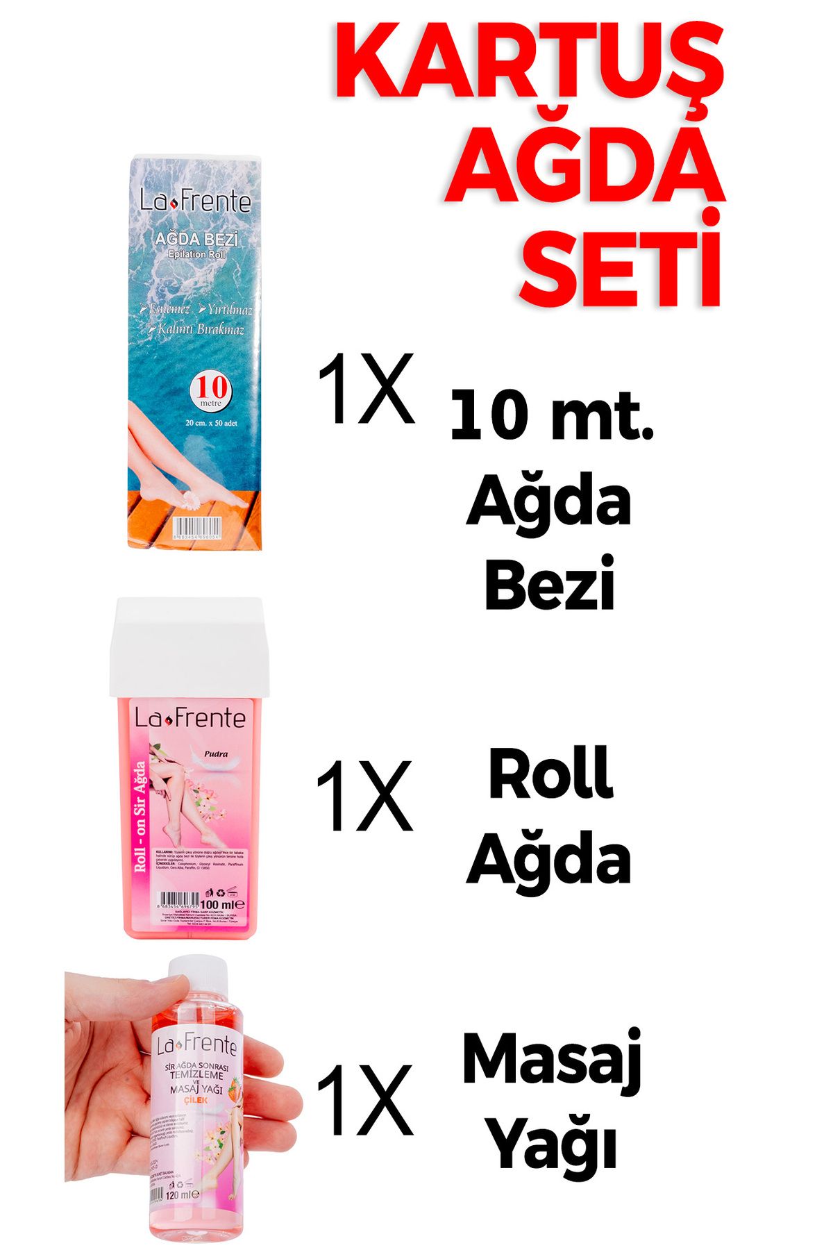 LA FRENTE KARTUŞ AĞDA SETİ 10 MT AĞDA BEZİ 1 ADET PUDRALI KARTUŞ AĞDA ÇİLEK AĞDA YAĞI