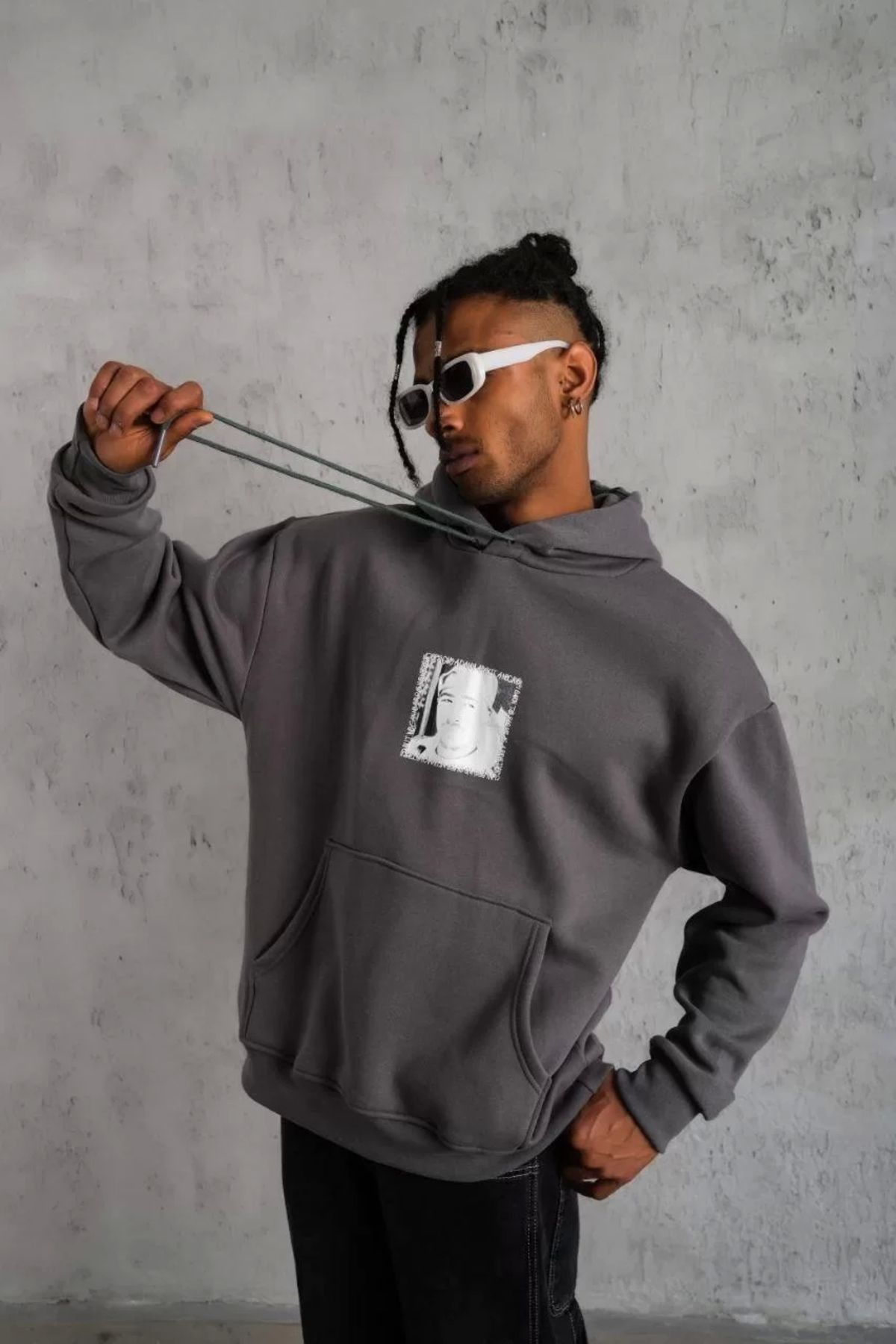 MODA CS Erkek Ön Arka Baskılı Kapşonlu Sweat - Gri