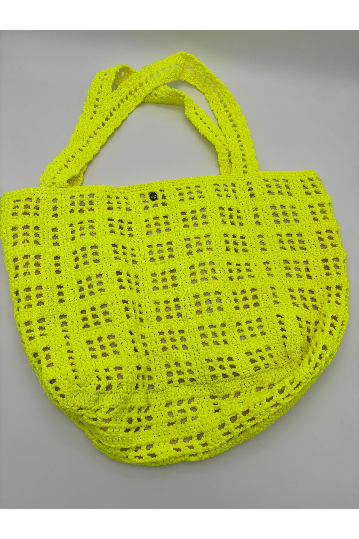 kumasfabrik El örgüsü plaj çantası/Astarlı fermuarlı iç cepli çıt çıt detaylı-(30x40cm) neo sarı