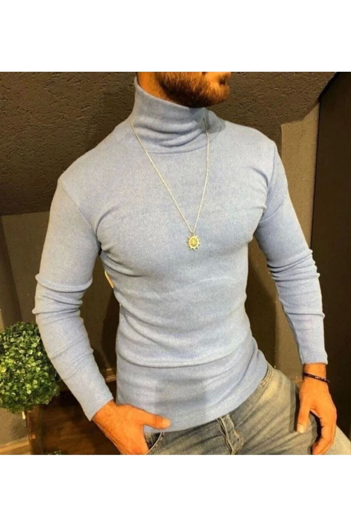 MODA CS Erkek Kaşkorse Boğazlı Full Likralı Fitilli Body Kazak - Gri