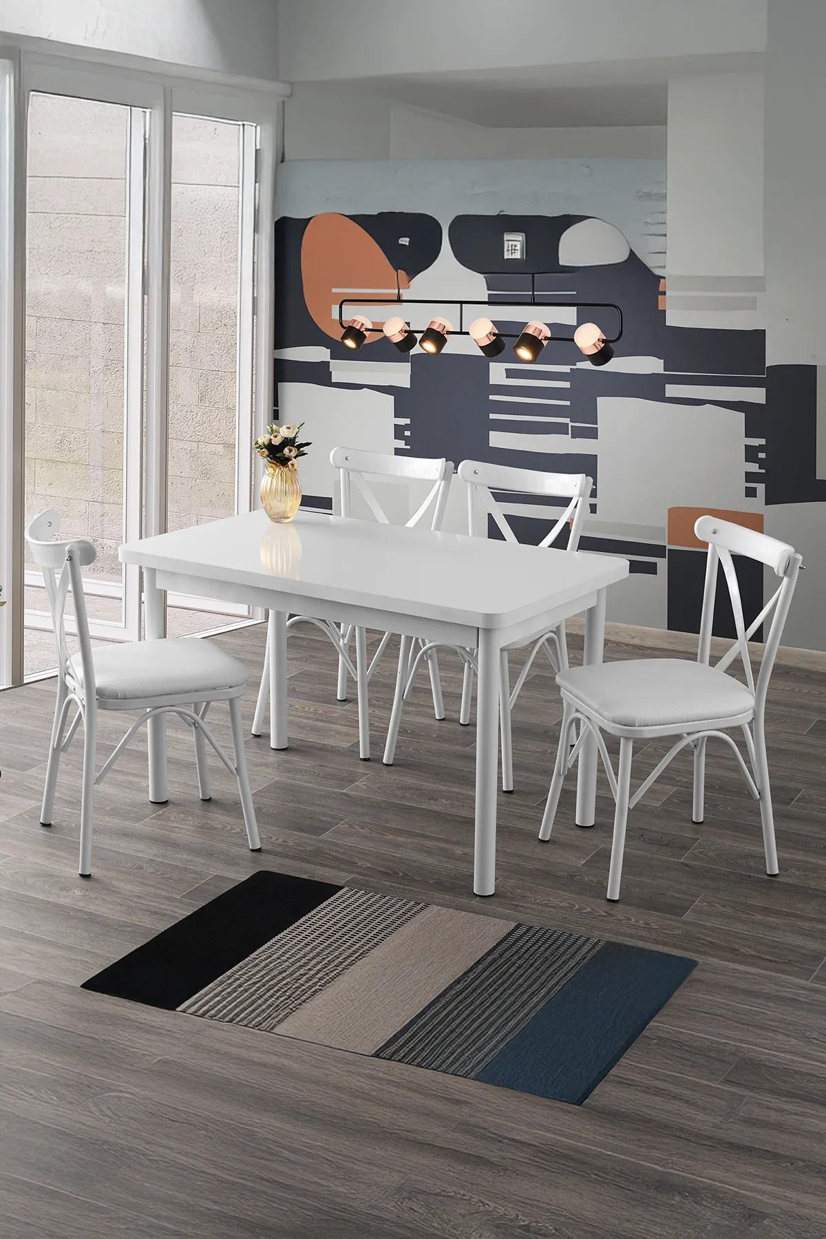asaella mobilya Kora Serisi 70x110 Sabit Mutfak Masası Takımı 4 Beyaz Sandalye