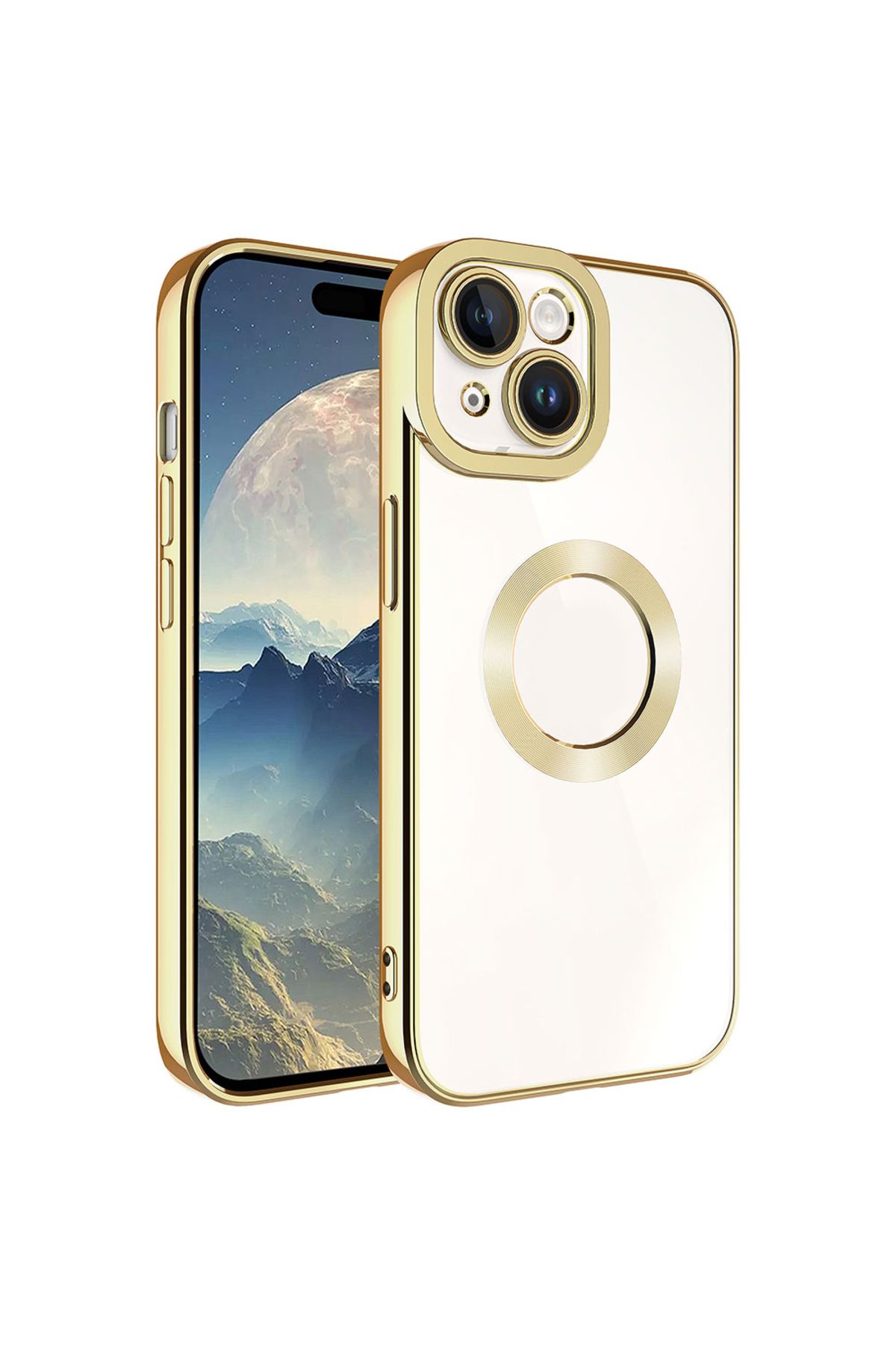 Vexor iPhone 15 Uyumlu Kamera Korumalı Logo Gösteren UCY Omega Kılıf-Gold