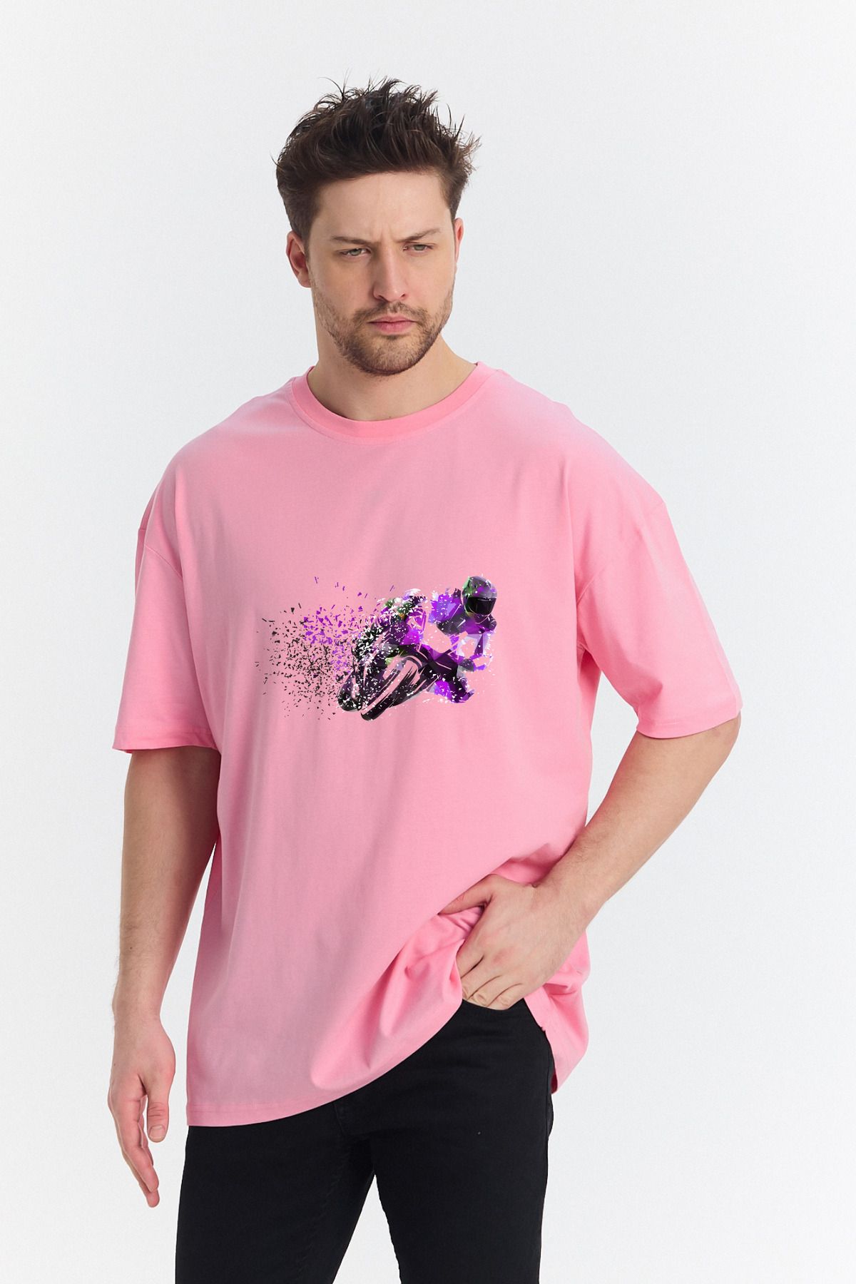 Windy Island Erkek Bisiklet Yaka Renkli Motor Baskılı Oversize T-shirt