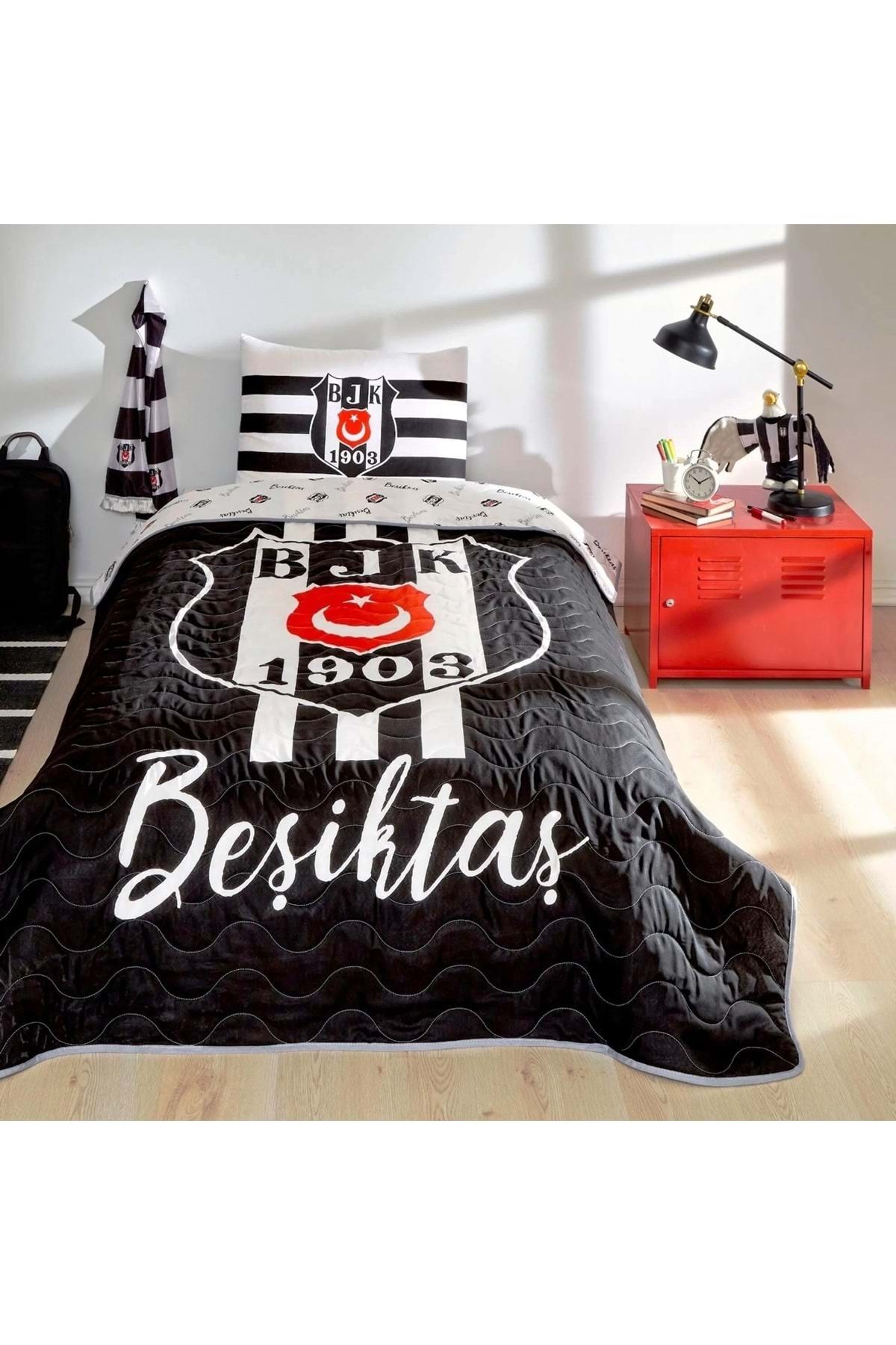 Özdilek Taç Taraftar Lisanslı Pamuklu Tek Kişilik Yatak Örtüsü Seti (160x230)-Beşiktaş Stripe