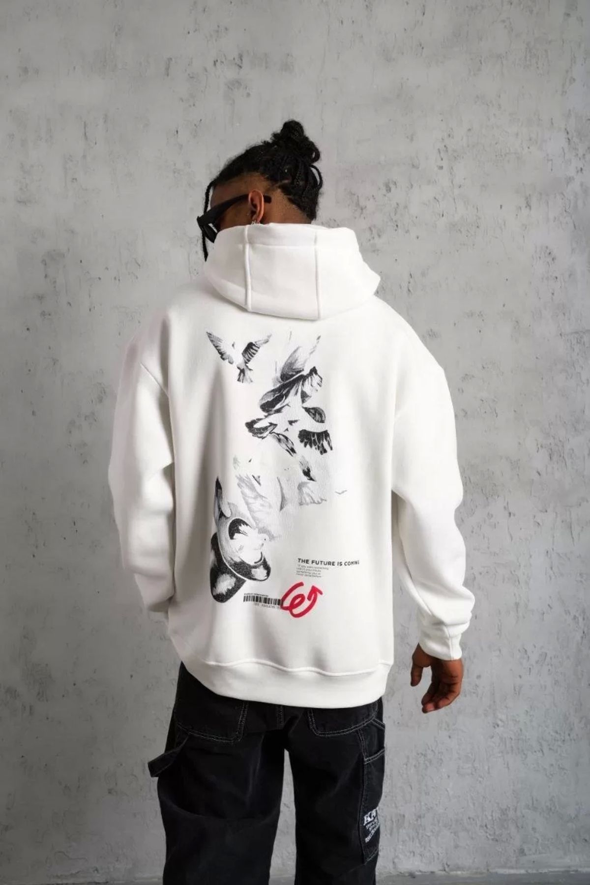 MODA CS Erkek Şapkalı Güvercin Baskılı Kapşonlu Sweat - Beyaz