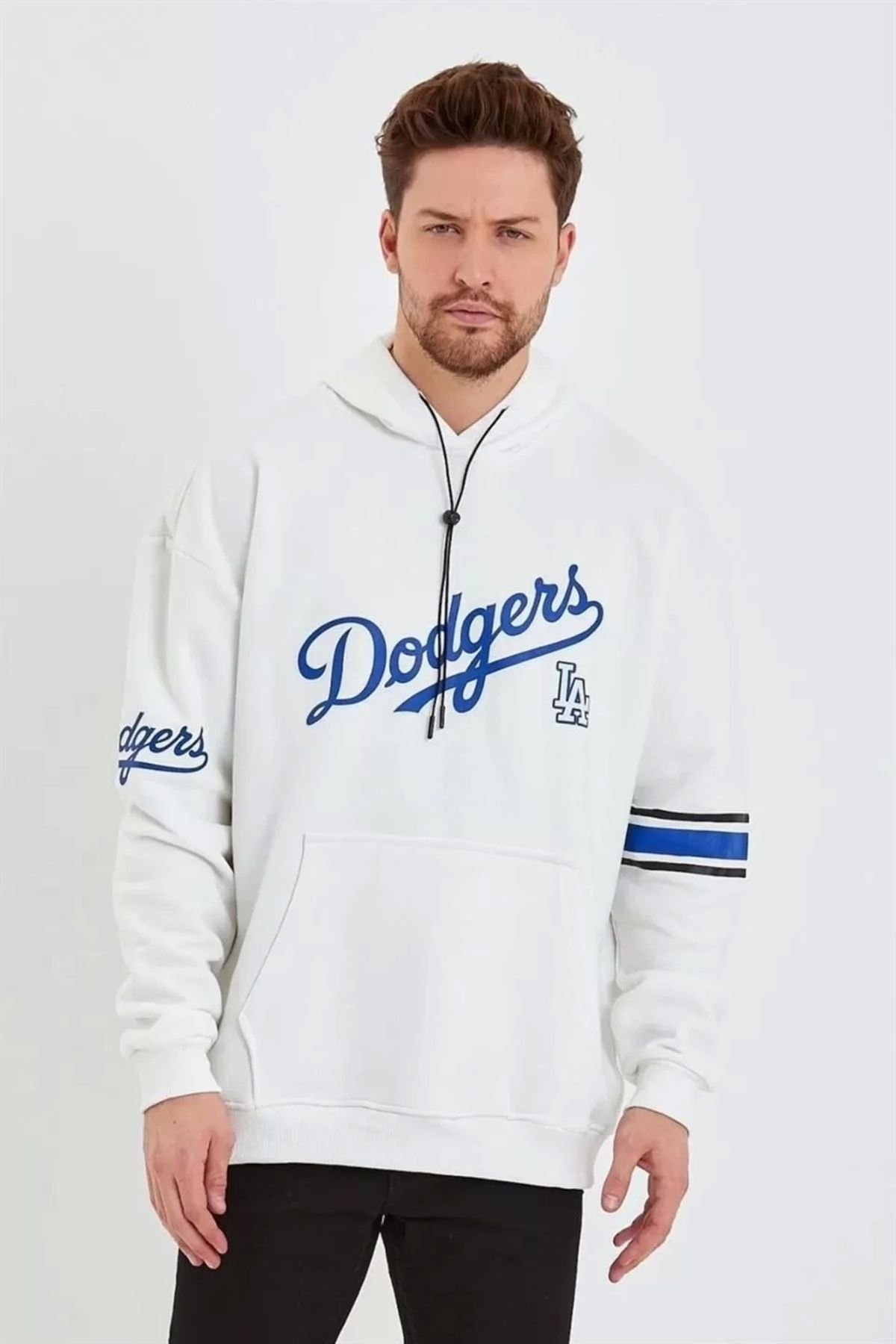 MODA CS Erkek Baskılı Kapüşonlu Üç İplik Oversize Sweatshirt - Beyaz