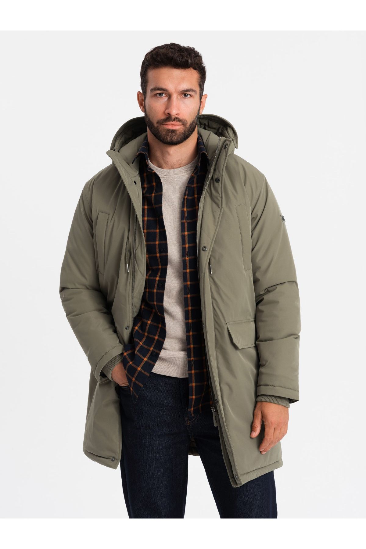 OMBRE-Klassische lange Herrenparkajacke - oliv V3 OM-JALJ-0166 L 1
