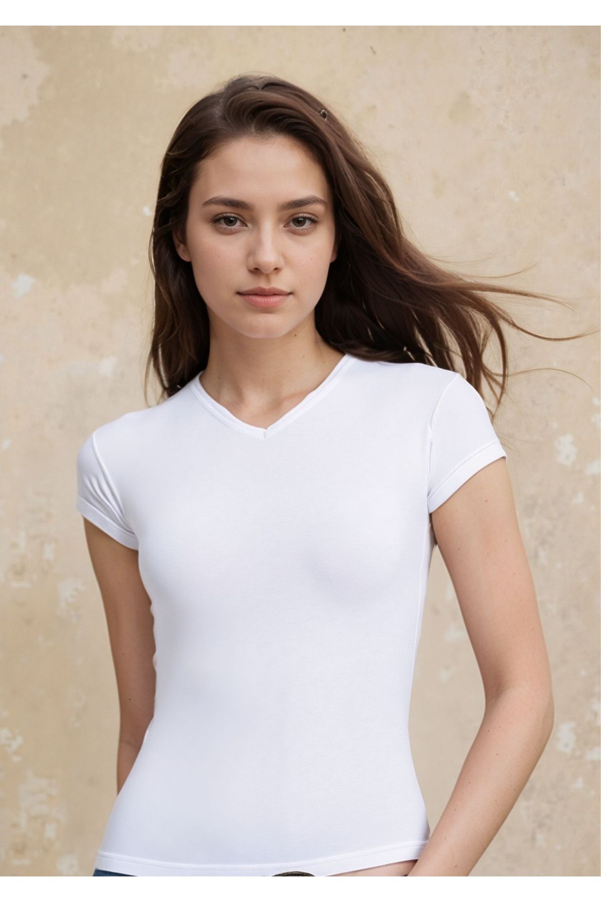 Loule Kadın Giyim Pamuklu & Elastan V Yaka T-Shirt LL.LL.22.ILK62.001