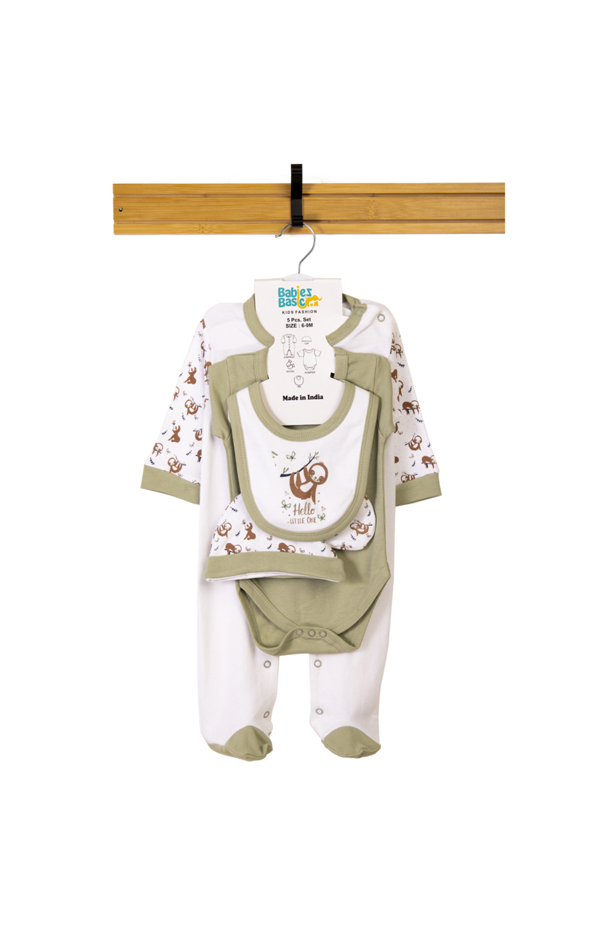 Babies Basic-5 piece New Born Set include Bib, Romper, Mittens, Cap, Sleepsuit- Hello Little One 7