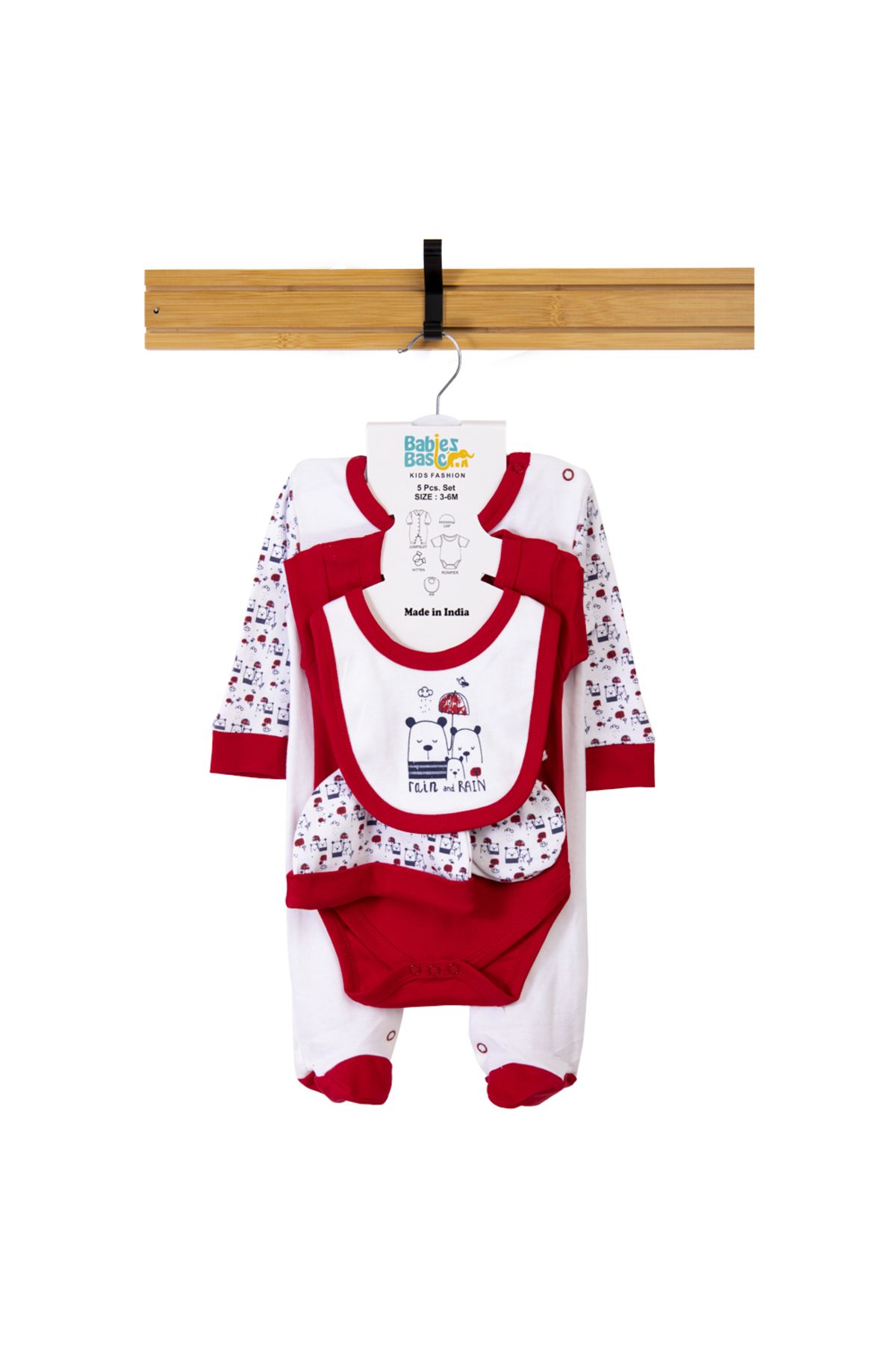 Babies Basic-5 piece New Born Set include Bib, Romper, Mittens, Cap, Sleepsuit- Rain, Red 7