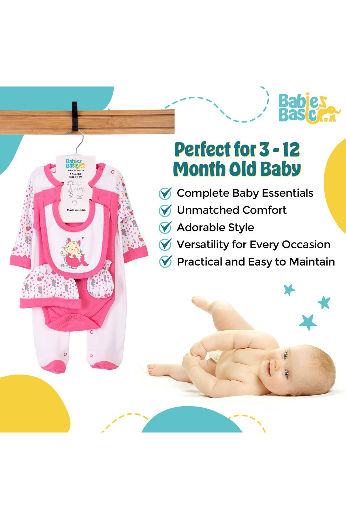 Babies Basic-5 piece New Born Set include Bib, Romper, Mittens, Cap, Sleepsuit- Meowmaid, Red 3