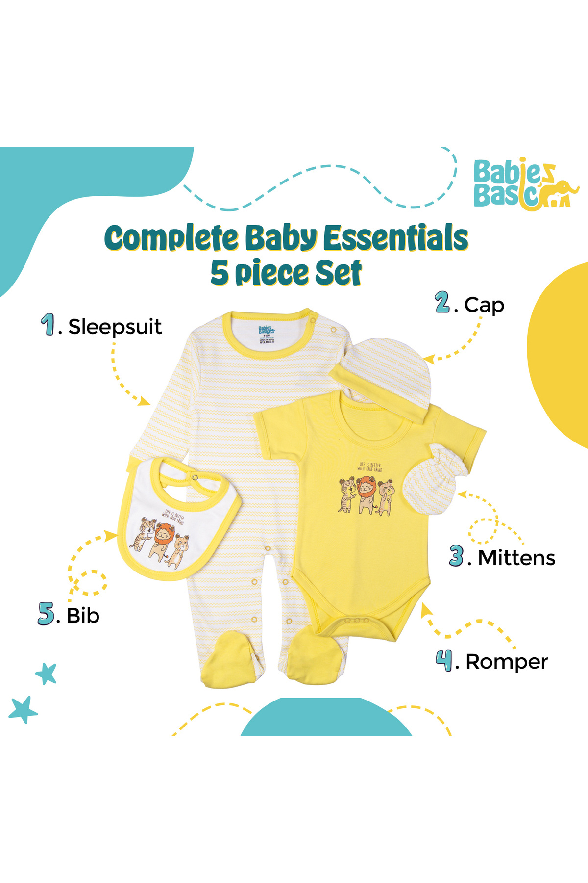Babies Basic-5 piece New Born Set include Bib, Romper, Mittens, Cap, Sleepsuit- Life is Better 2